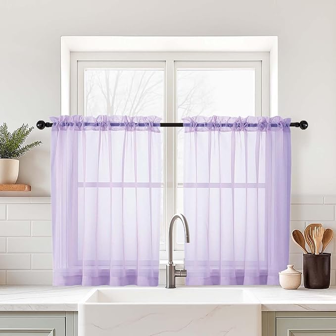 Small Sheer Curtains 2 Panels Set, Kitchen Curtains 36 Inch Length, Elegant Light Filtering Short Window Drapes for Living Room Bedroom, Dual Rod Pocket Design, Lavender, 2x42Wx36L Inches