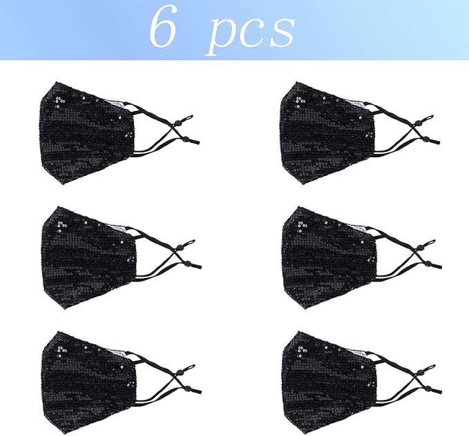 6 Pcs Washable Glitter Bling Women Face Mask. Breathable Reusable Adjustable Fashion Masquerade Facemasks With Pocket.