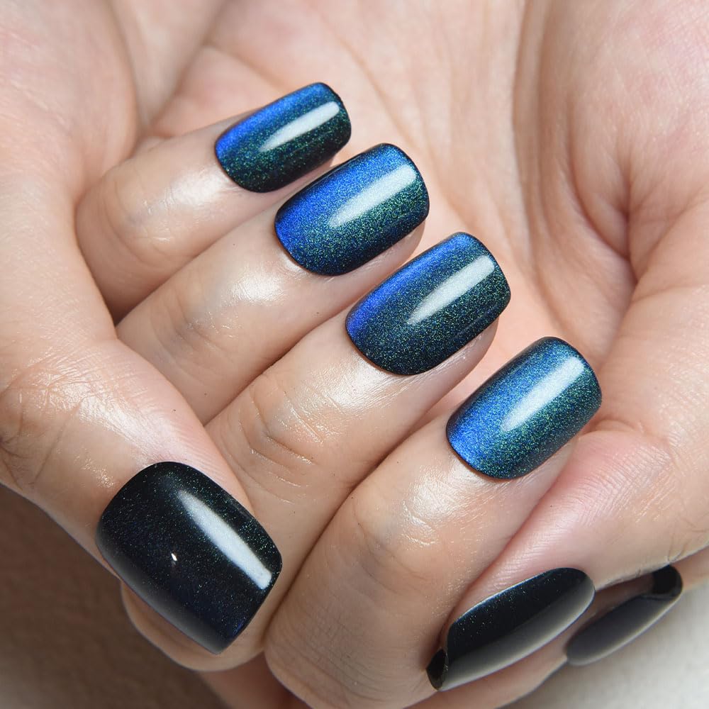 evpct Teal Blue Cat Eye Extra Short Square Press on Nails, Petite Short Square Stick on Nails for Women Gift, Holographic Glossy Fake Nail Reusable, Soft Press on Acrylic Nail with Designs