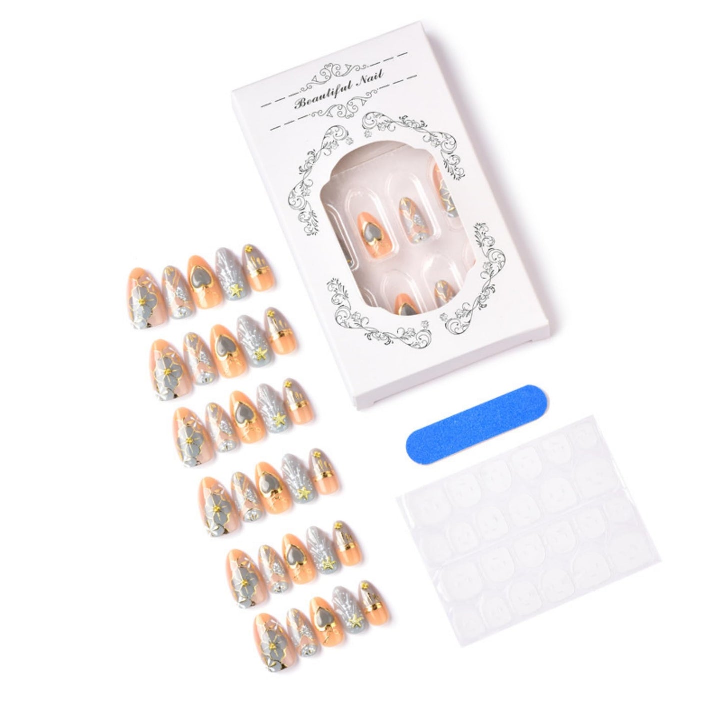 octoswave Press on Nails Medium Almond Fake Nails 3D Artificial Nail Blue Love Gold Charm Stick on Nail for Women 30pcs