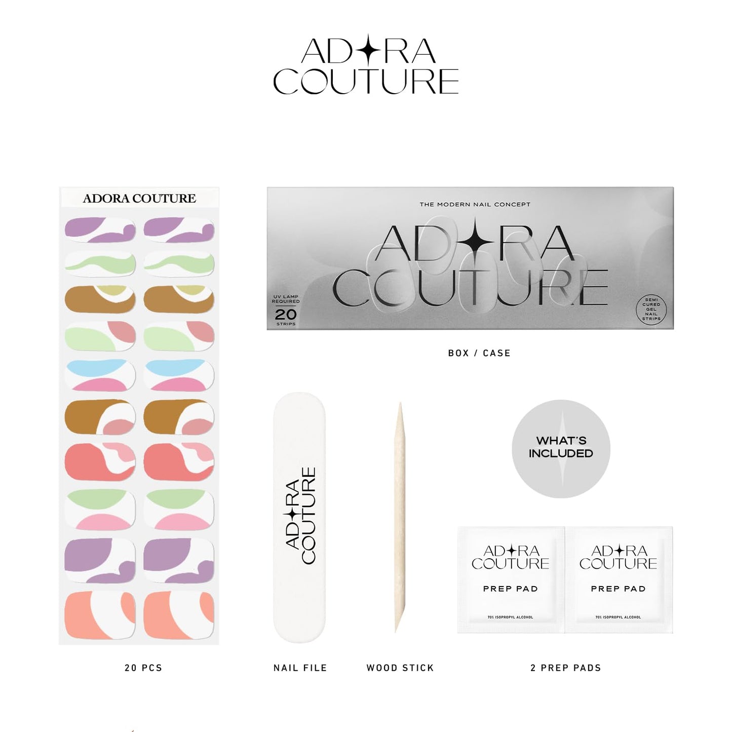 Adora Couture Semi Cured Gel Nail Strips with 20 Pieces - UV Gel Stickers, Manicure Kit, Easy Application Wraps Includes Prep Pads, Nail File, Wooden Stick - UV Light Required (Summer Fun)