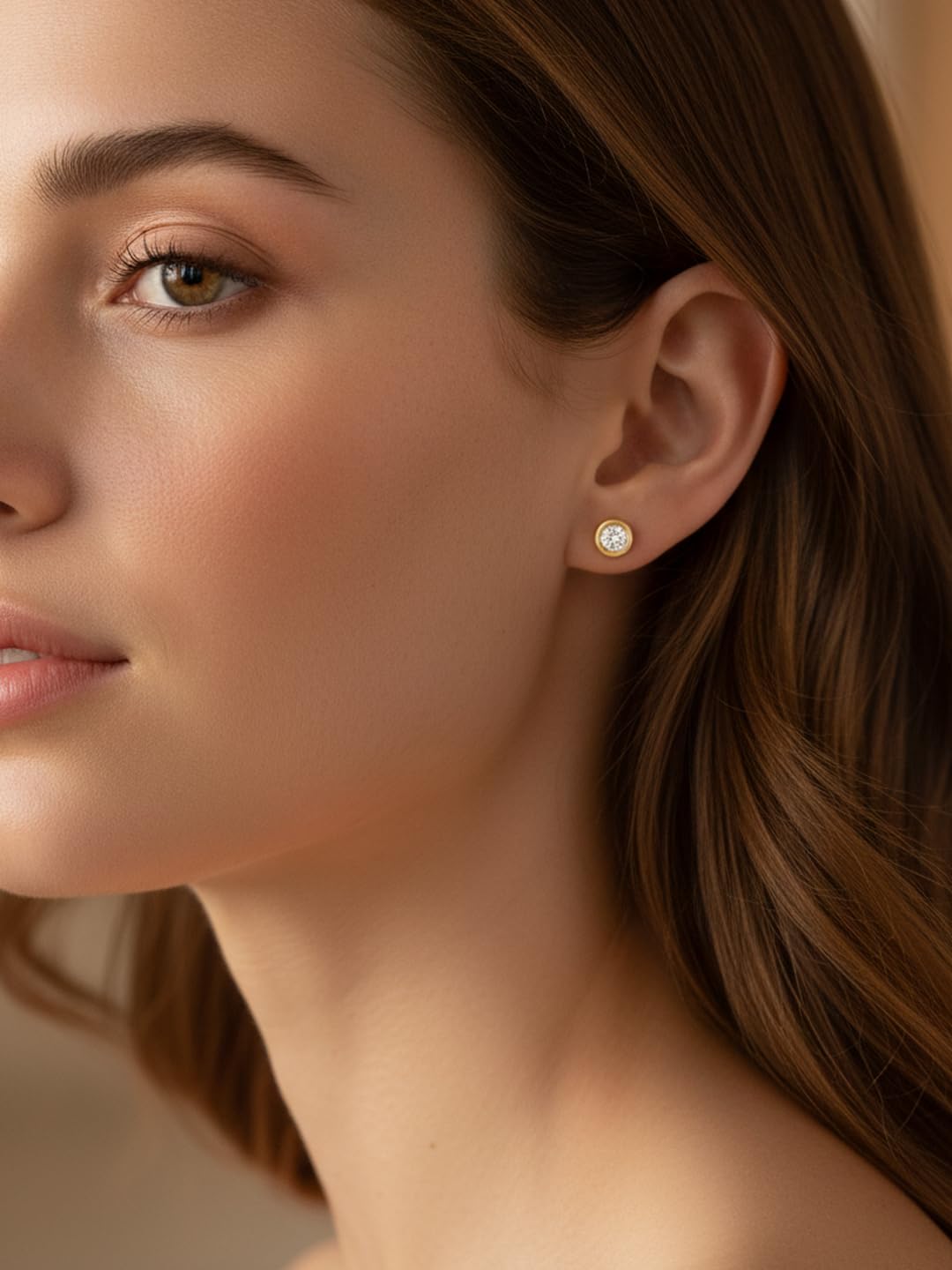 Hypoallergenic Silver Studs Gold Plated Bezel Earrings for Women Comfy Round Zirconia Earrings