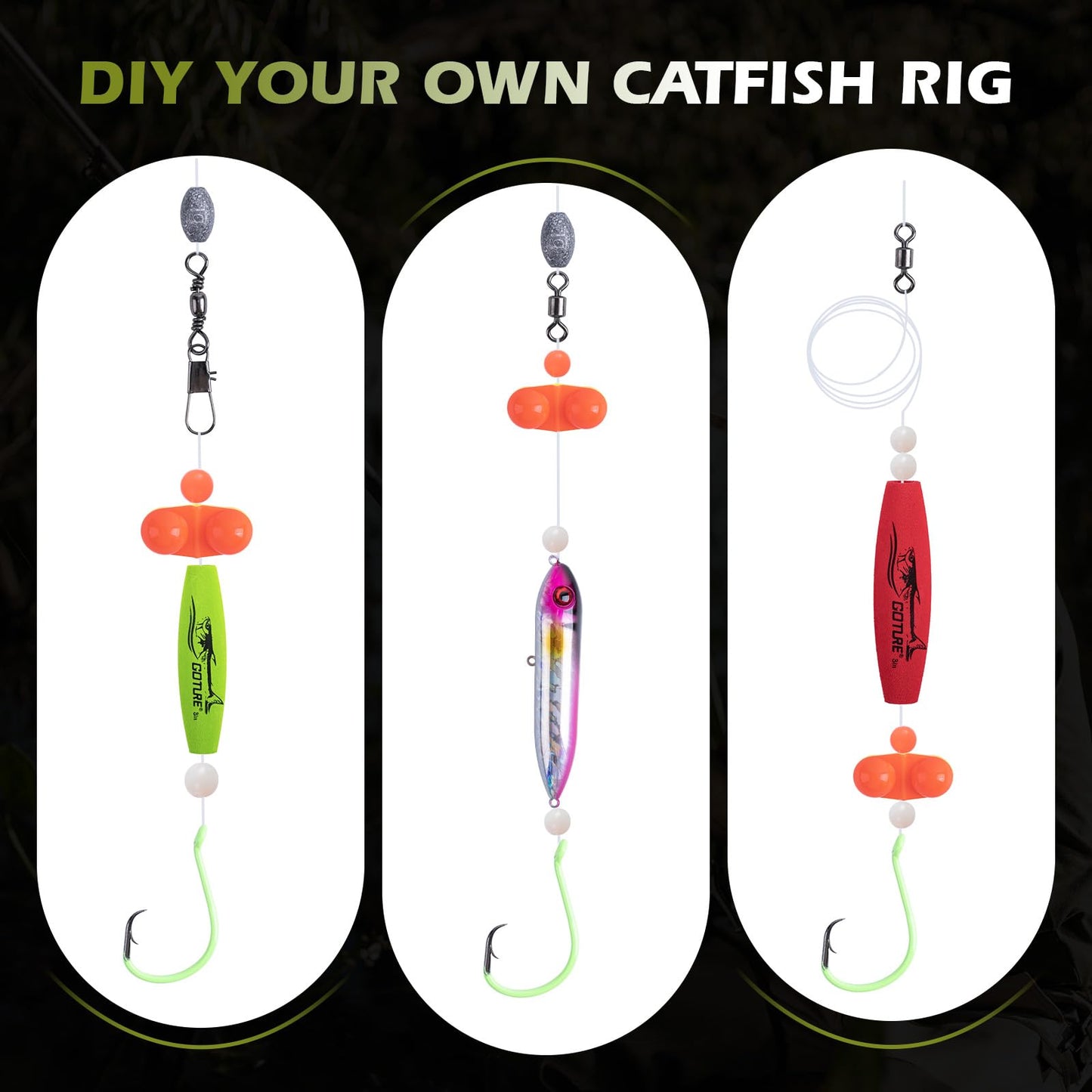 Goture Catfish Rig Making Kit,300pcs Catfishing Tackle with Luminous Fishing Hook Swivel Sinker Weights Rattle Float Bobber Stoppers,Catfish Rigs Accessories with 3600 Tackle Box,Gifts for Men