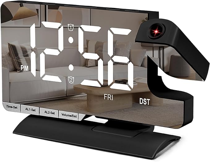 SZELAM Digital Clock,Alarm Clock Bedside with Projection,7.3" Mirror Clock with 180°Rotating Projector,Dual Alarm with 3 Mode,Brightnee Adjust,DST,Snooze,Charging Port,5 Levels Volume for Desk Teens
