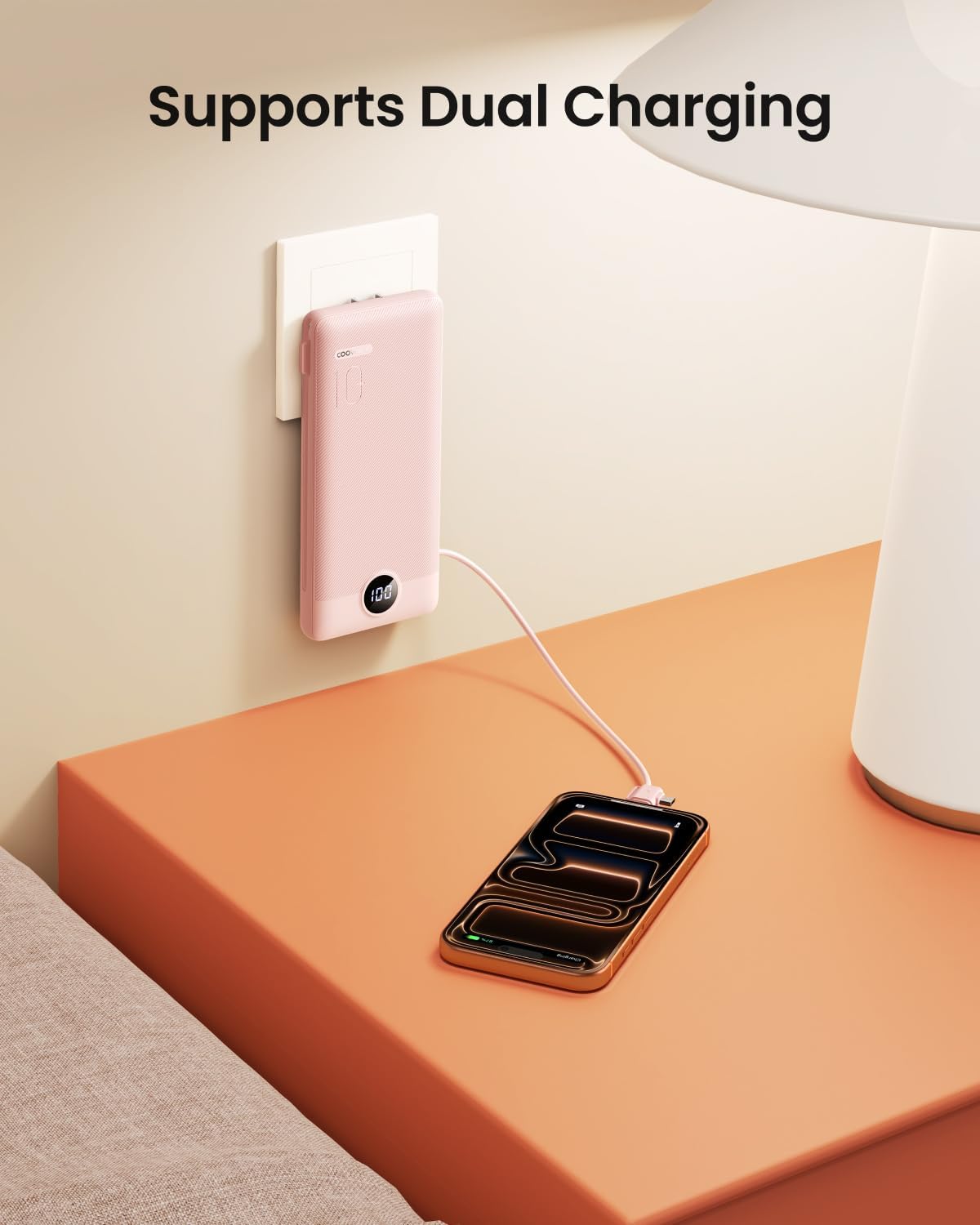 Coowisty Portable Charger Built-in Cables and Wall Plug, 10000mAh Slim USB C Power Bank, LED Display External Battery Pack Compatible with iPhone/Android & More (Pink)