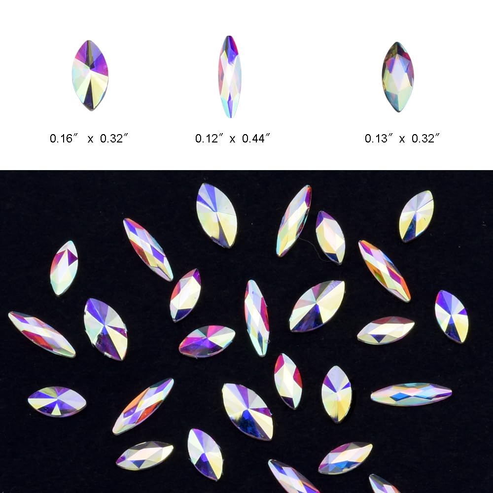 Tisslan 100pcs Crystal Ab Flatback Marquise Rhinestones 3D Nail Art Decoration 3 Designs Mix Sparkling Accessories