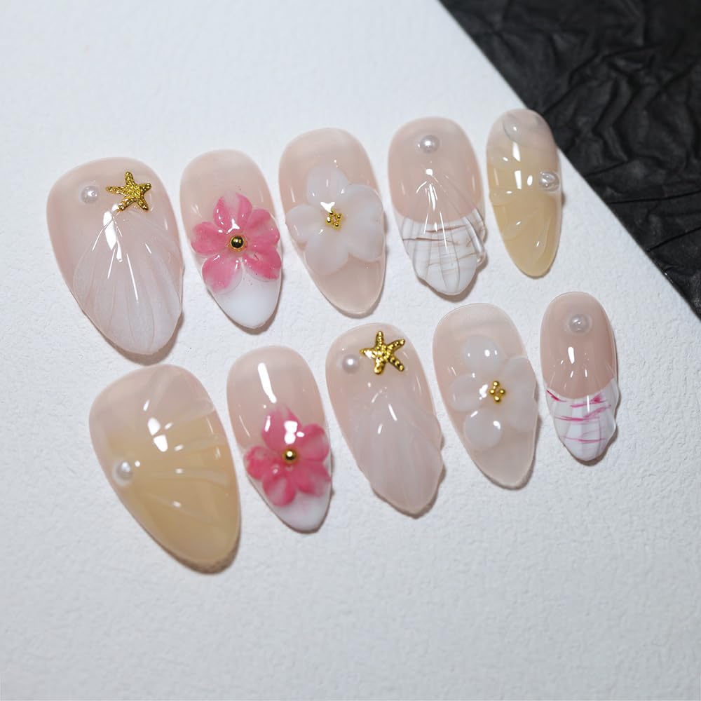 10 Short Almond Handmade Press On Nails | Coastal-Inspired 3D Floral & Starfish Nude & Pearl Accent False Nails,New styles | Skip Salon Trips, Easy to Apply & Remove, Reusable (251107, S)