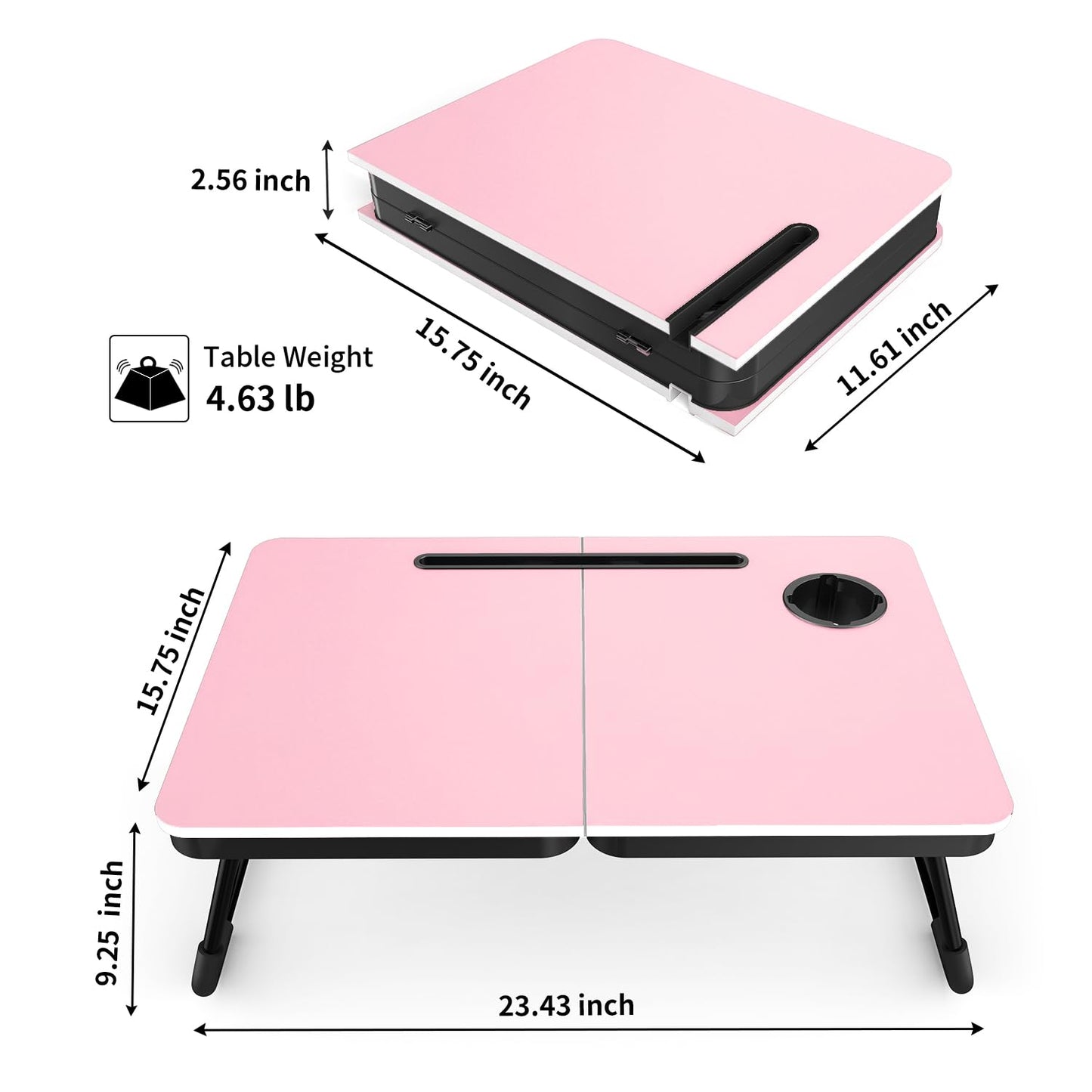 BUYIFY Portable Foldable Laptop Desk for Bed and Couch, Adjustable Lap Desk with Cup Holder and Phone Holder, Ideal for Working, Reading, Writing, and Breakfast (Pink) - SDC1