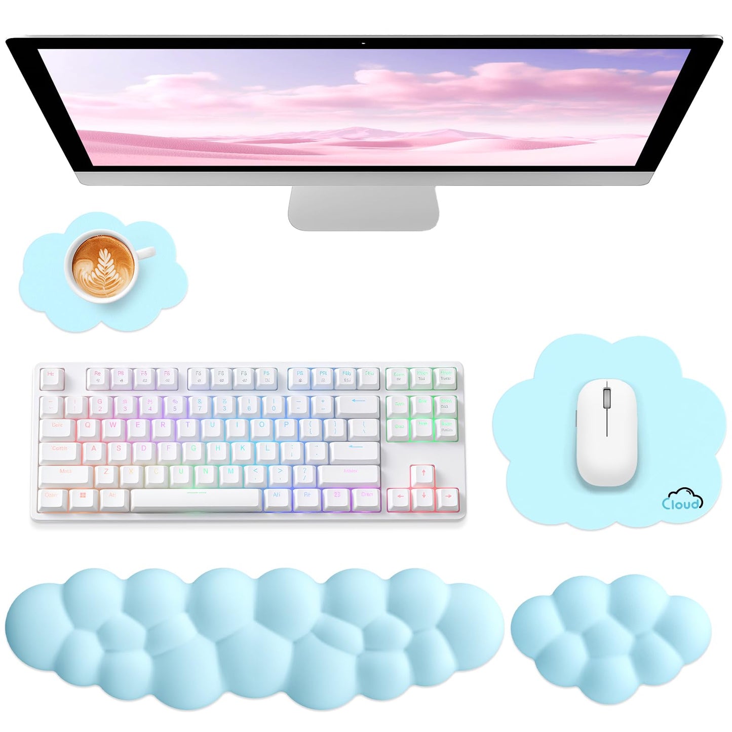 Sushret Cloud Wrist Rest for Computer Keyboard, 4-in-1 Memory Foam Leather Cloud Keyboard Wrist Rest and Mouse Pad Set with Ergonomic Support for Arm and Palm Cushion, Gaming/Work Setup, Blue