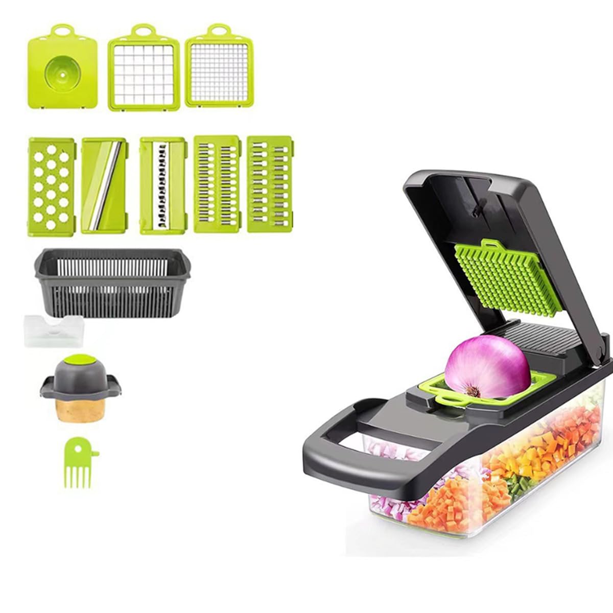 Vegetable Chopper with Container, Multifunctional 14-in-1 Food Veggie Chopper Cutter Slicer for Salad Onion Potato Carrot Garlic, Essential Kitchen Gadgets (Gray)