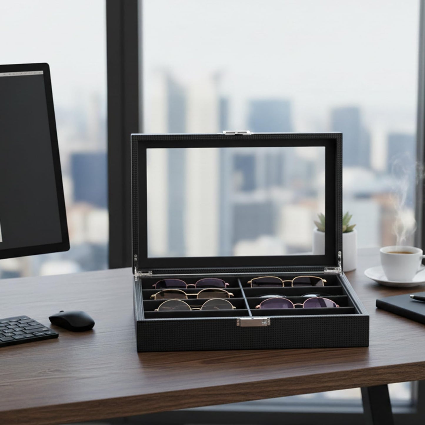 BEWISHOME Sunglass Organizer Case, 8-Slot Glasses Display Case With Large Clear Glass Lid, Pu Leather Lined Glasses Organizer for Men
