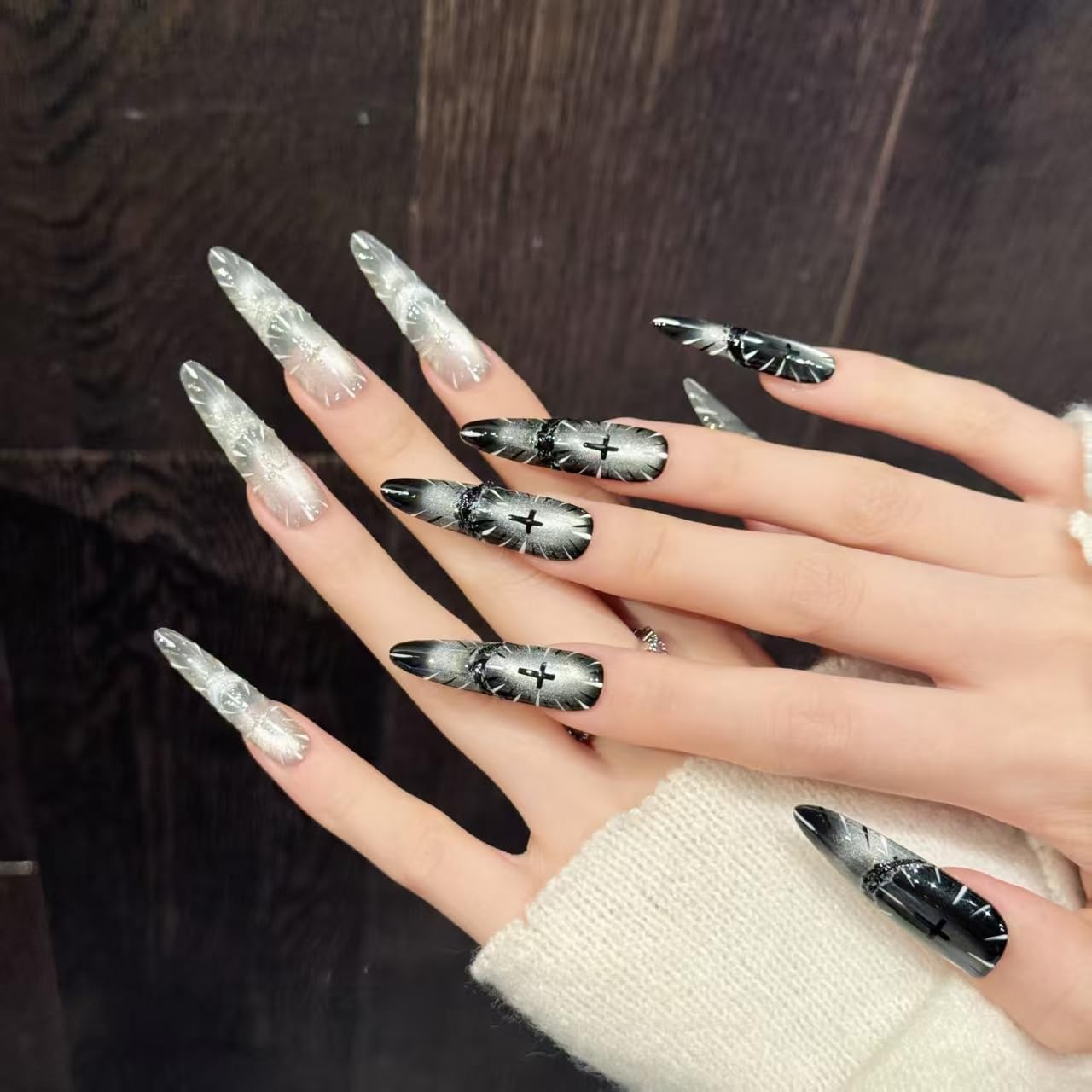 Gothic Fake Nails Set | Stiletto Almond Fake Nails with Silver Crackle & Black Gradient | Long Press on Nails for Women | Dark Aesthetic Nail Art(M)