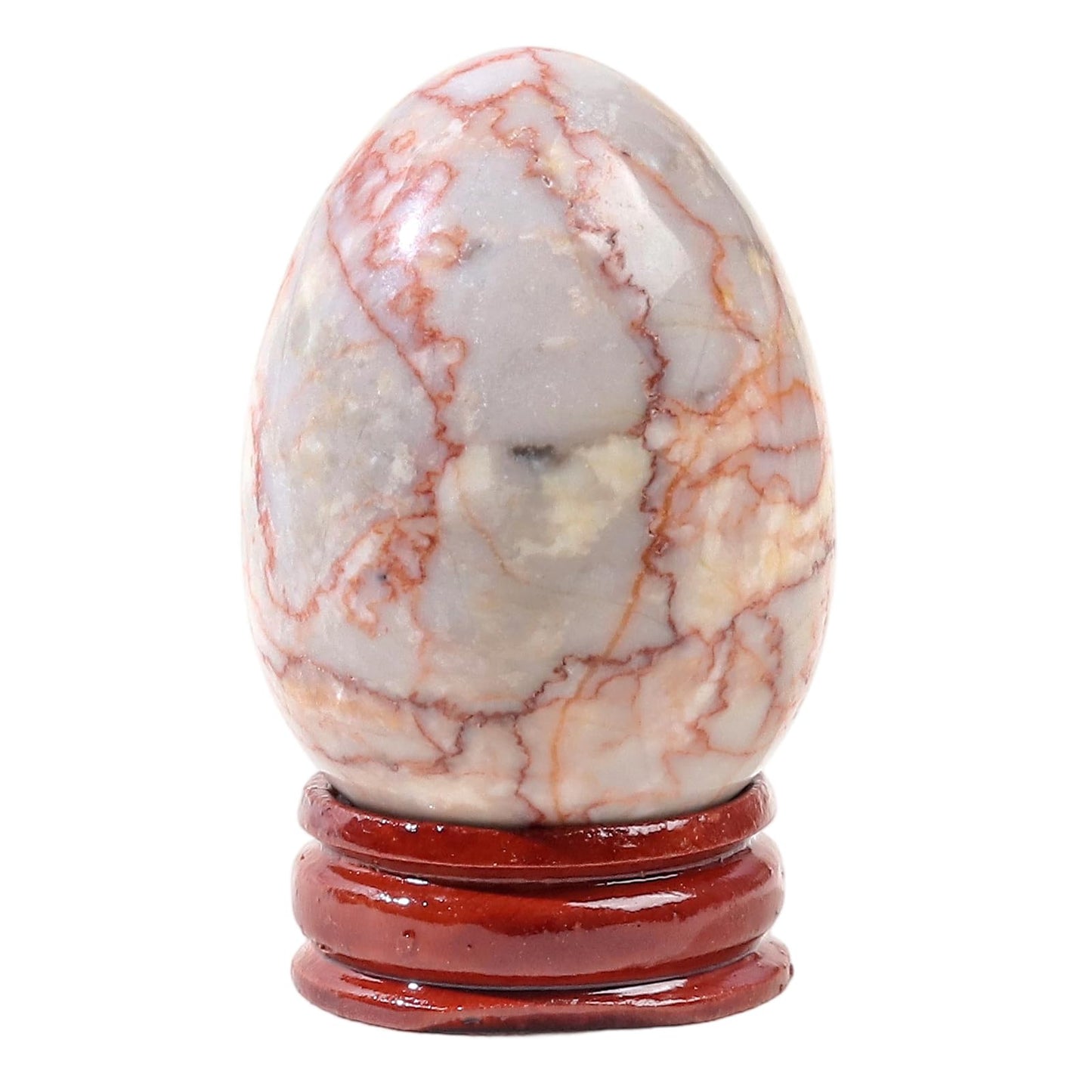 Casaper 2" Natural Red Network Jasper Egg with Wood Stand for Home Decoration, Polished Crystal Pocket Palm Sphere Fengshui Figurines Healing Reiki