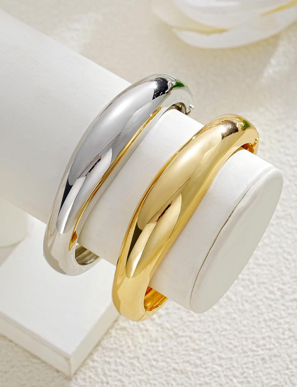 Chunky Gold Bangle Bracelets for Women, Dainty 14k Gold Plated Big Stackable Bangles Set, Trendy Statement Cuff Bracelet Stack Fashion Jewelry Gifts (2 Silver & gold bangles)