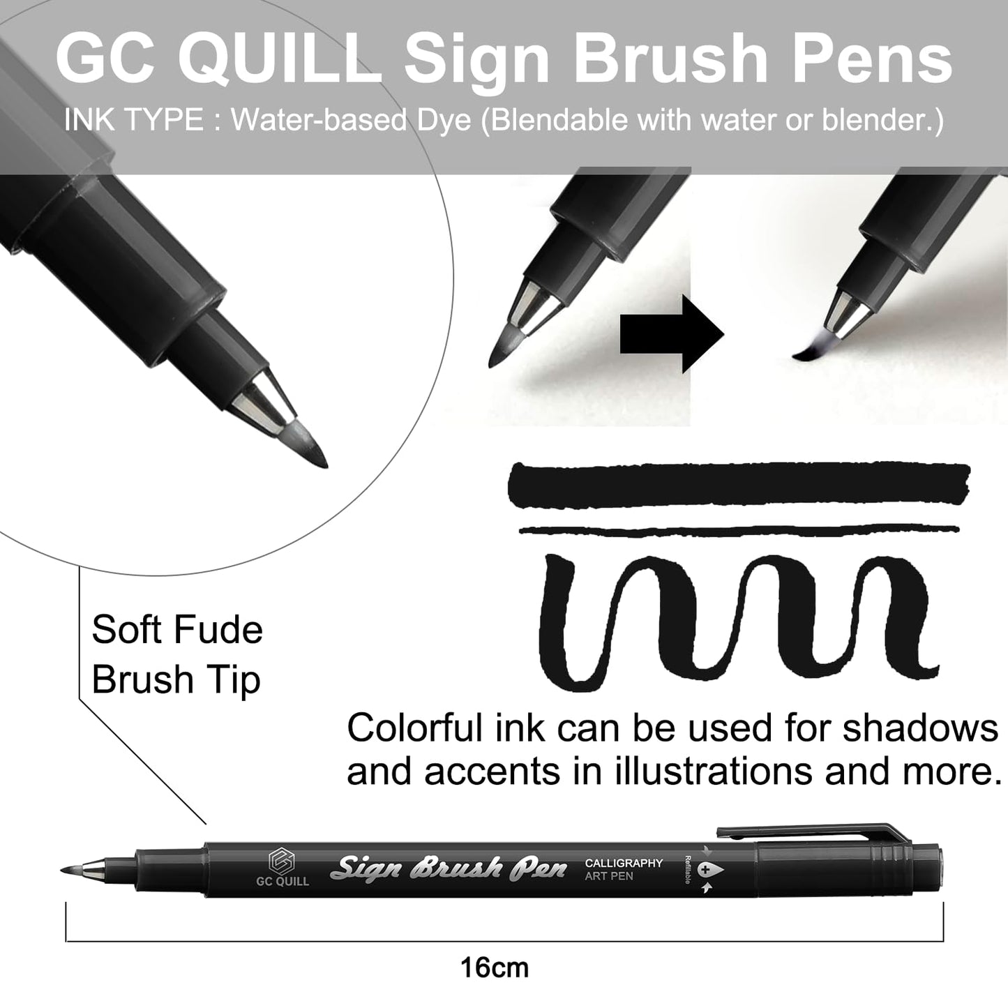GC QUILL Fudenosuke Brush Pen - 16 Colors Calligraphy Brush Pens for Hand Lettering, Calligraphy, Drawing, Writing, Journaling GC-SB16