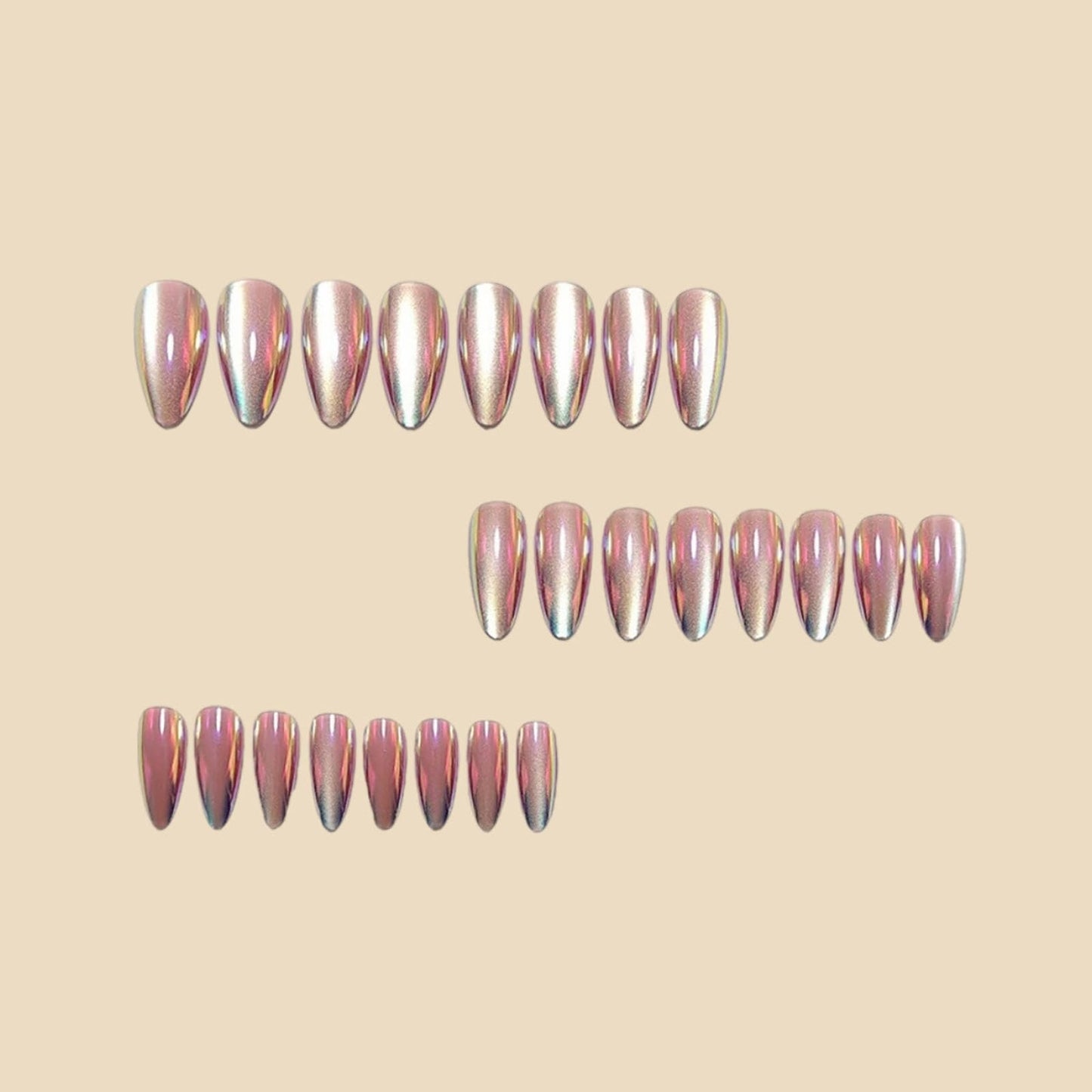RUOKEXIN Almond Press on Nails Medium Length Fake Nails Pink Chrome False Nails with Cat Eye Designs Full Cover Nail Press ons Sparkly Artificial Nails for Women 24Pcs