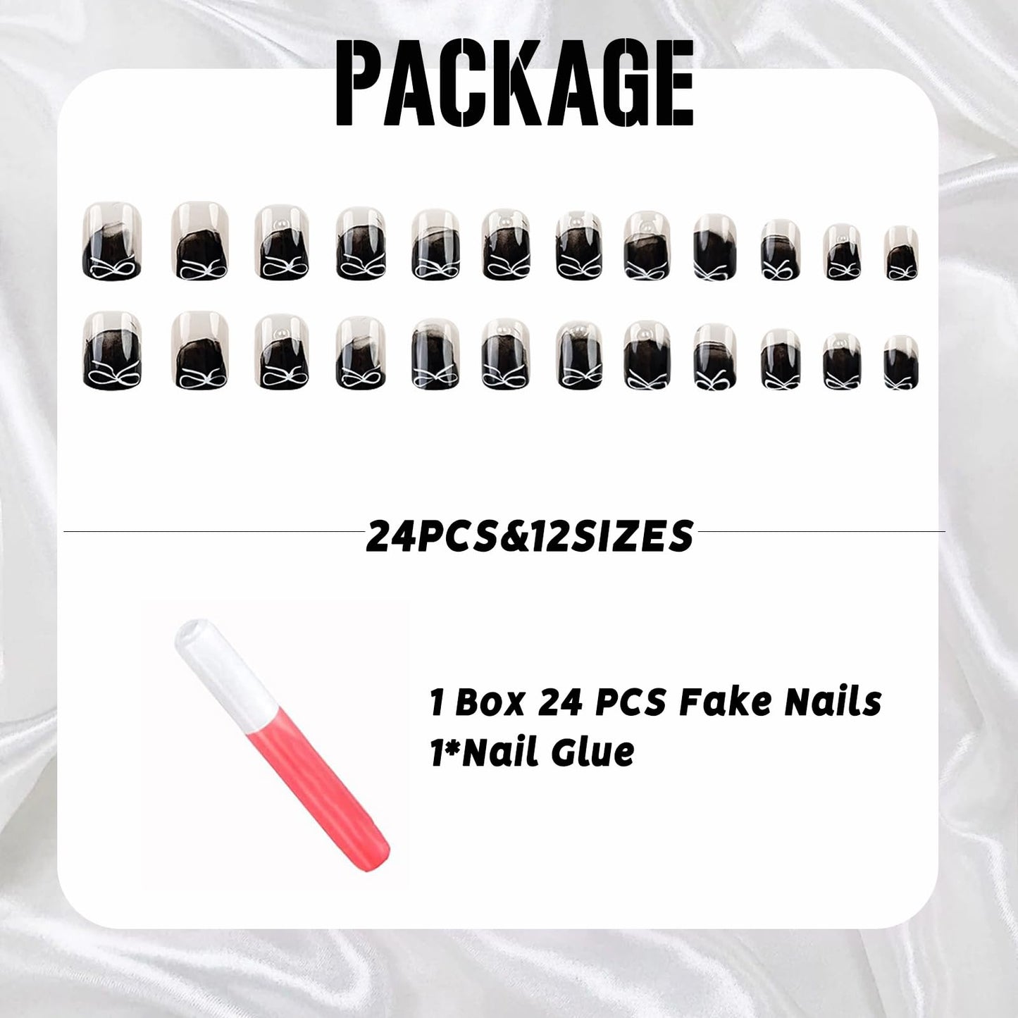 IMSOHOT Press on Nails Short Square Fake Nails Black French False Nails Artificial Full Cover Silver Bow Glue on Nails for Women Nail Decoration