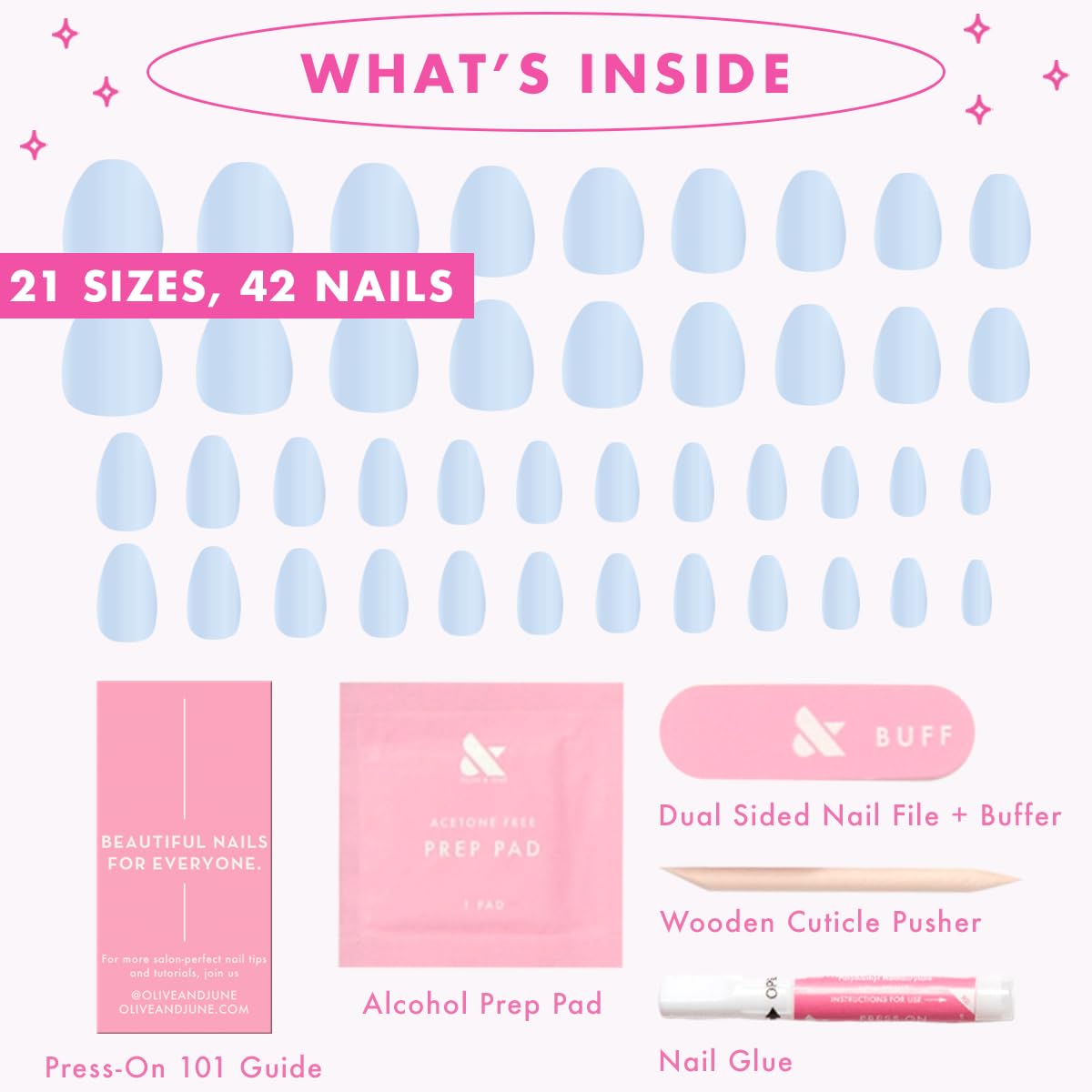 Olive & June Instant Mani Press-On Nails (Glue) | 42 Fake Nails, 21 Sizes | Non-Toxic, Long-Lasting Recycled Materials Realistic Look | Salon-Quality | Spring Flowers & Patterns |Medium, Almond | BP