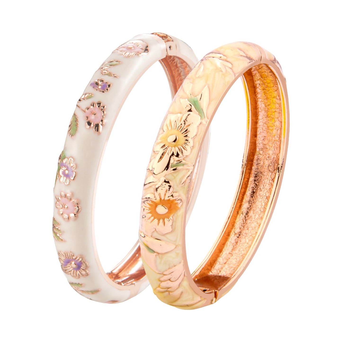 UJOY Vintage Bracelet Plated Enameled Jewelry Spring Hinge Metal Cuff Cloisonne Bangles Set Gift Box Packed 55A18-55A103 White Yellow