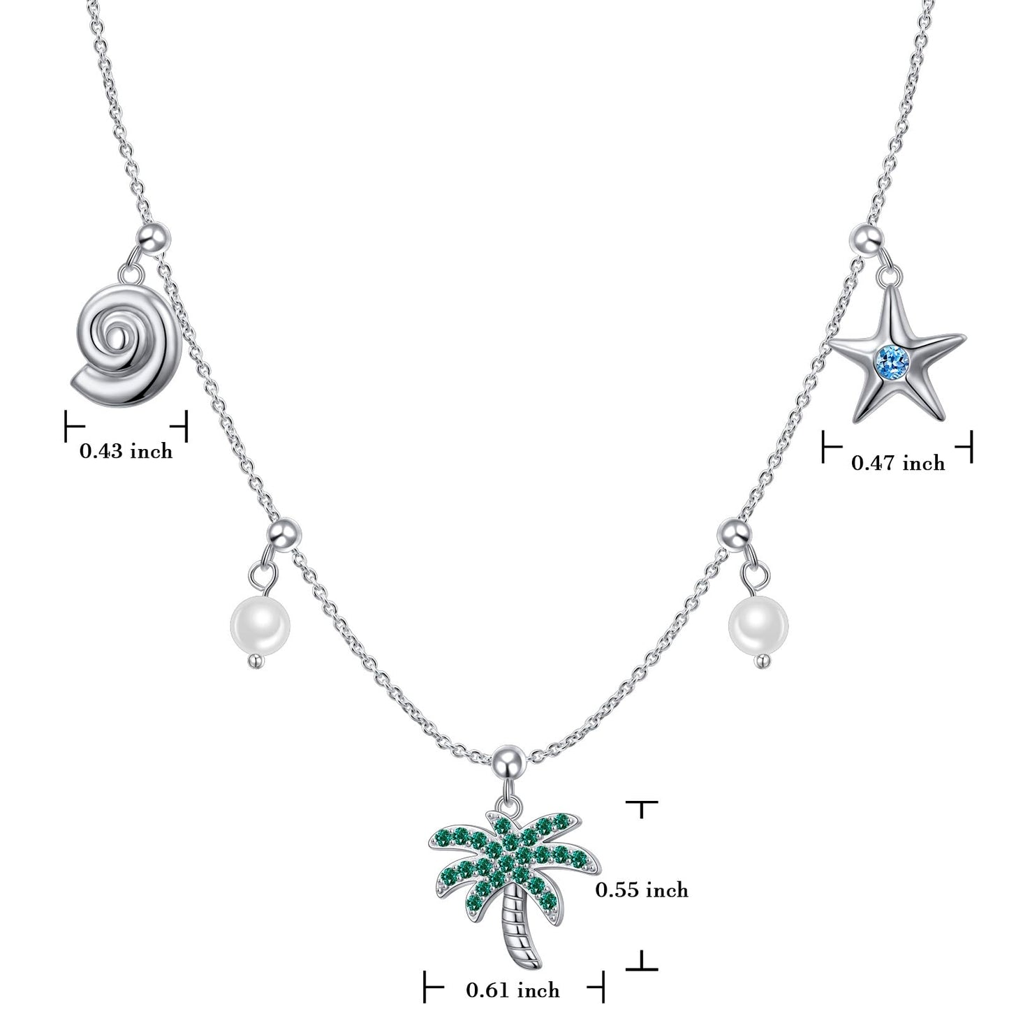 FLYOW S925 sterling Silver Summer Palm Tree Seashell conch shell Beachy Pendant Necklace Women Coastal Jewelry with Removable Charms Trendy Summer Beach Gift