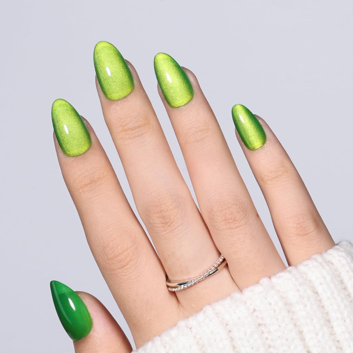Leefrei Green Cat Eye Press On Nails - Glossy Short Almond Press on Nails Shamrock Nails Press Ons for Women DIY Fake Nails Kit with Glue, Reusable Glue on Nails Short in 16 Sizes - 32pcs, Jade Green