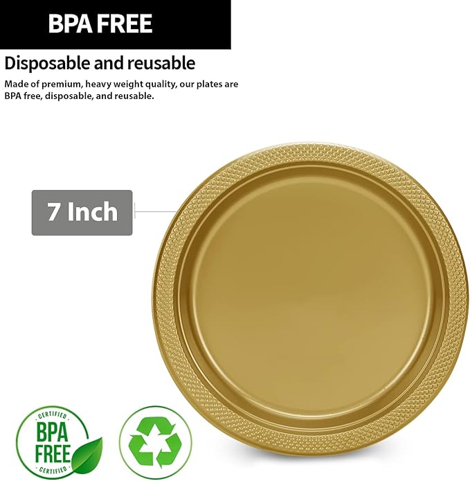 Hanna K. Signature Collection Gold Plastic Plates 7 Inch - 600 count Solid Round Party For Weddings, BBQs, Birthday Disposable Dessert (82970 (case))