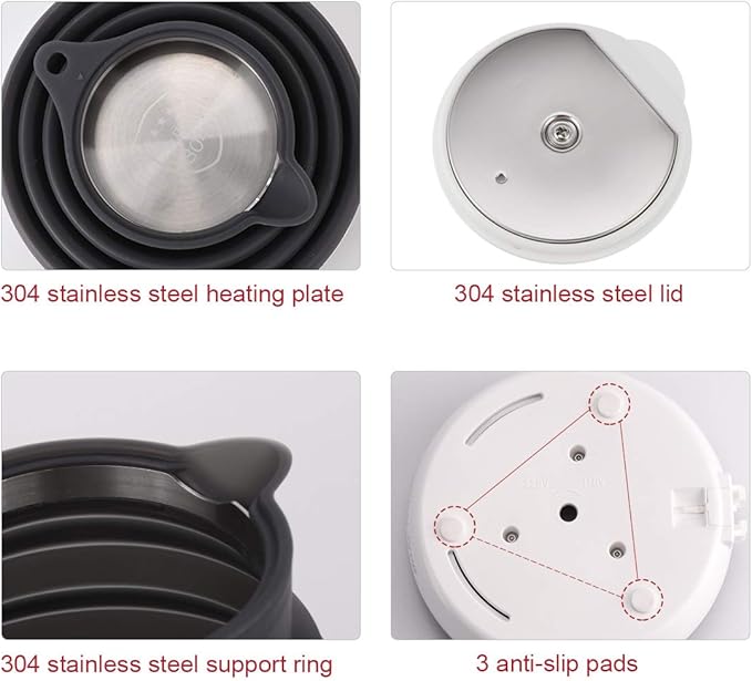 Ultrathin Upgraded Food Grade Silicone Travel Foldable Electric Kettle Boil Dry Protection Portable with Dual Voltage and Separable Power Cord,555ML 110-220V US Plug