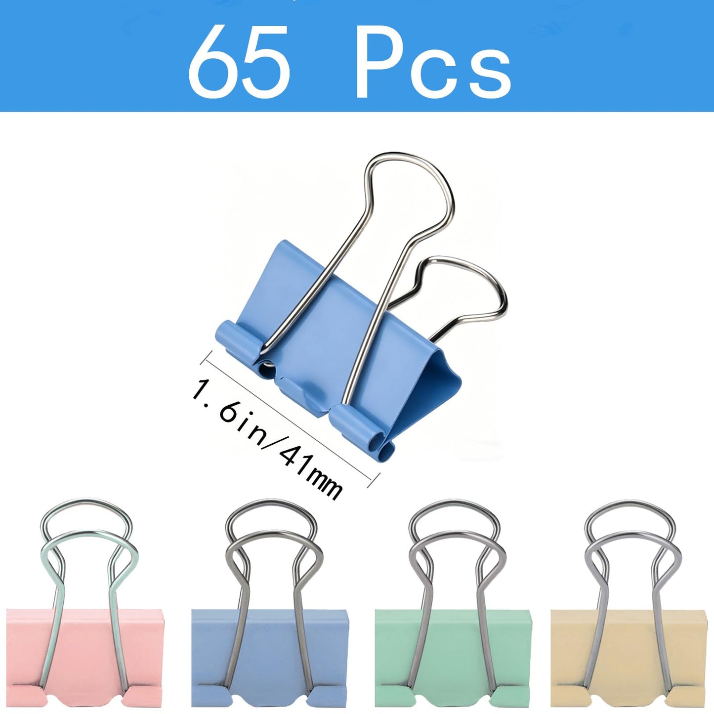 Colored Large Binder Clips (65 Pack) 41mm/1.6Inch Paper Clamps, Big Clips for Paper Office Supplies Binder Clips