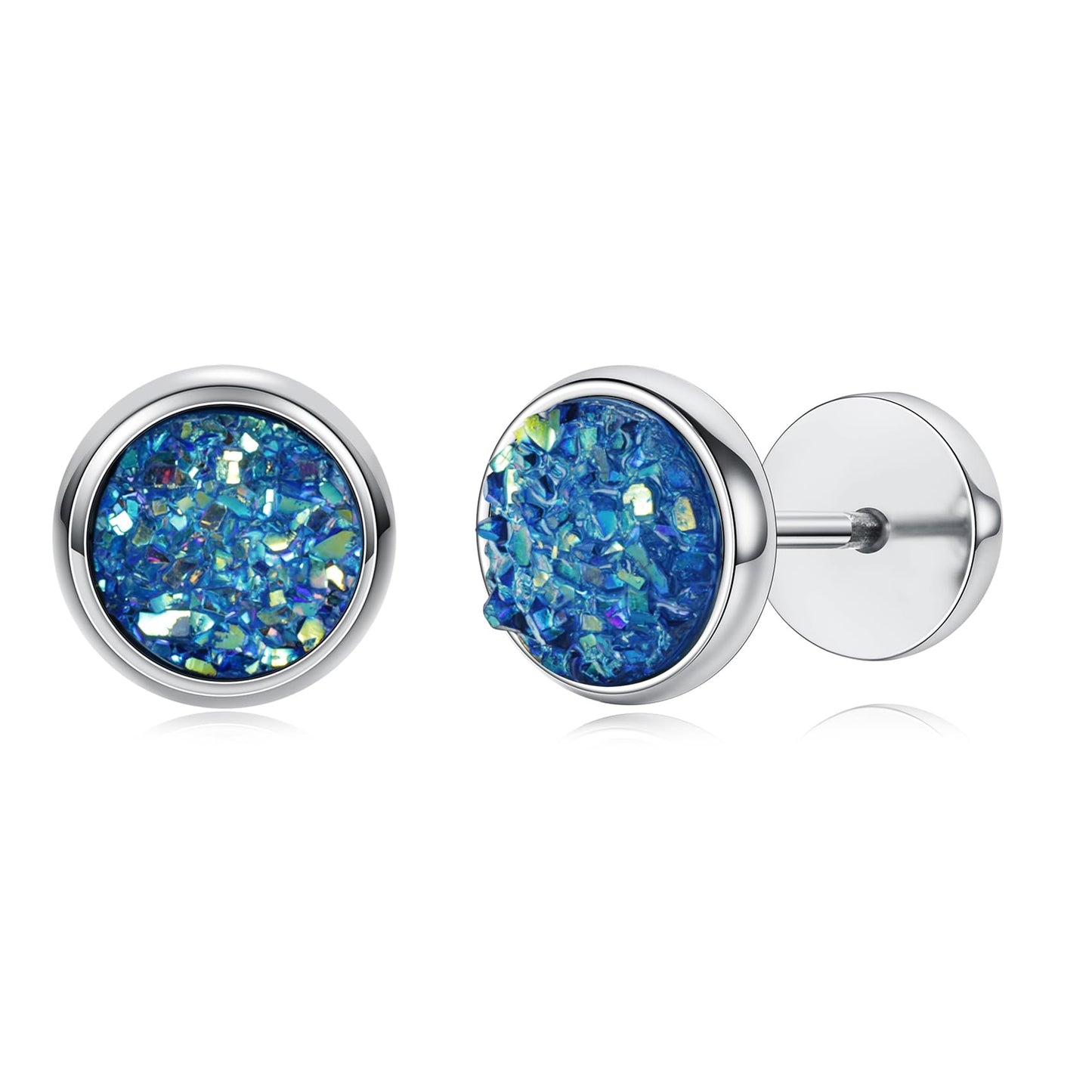 Women Men Flat Back Stud Earrings Non-Nickel Crystal Stone Earrings Titanium Stainless Steel Hypoallergenic Cartilage Earrings Stud for Sensitive Ears