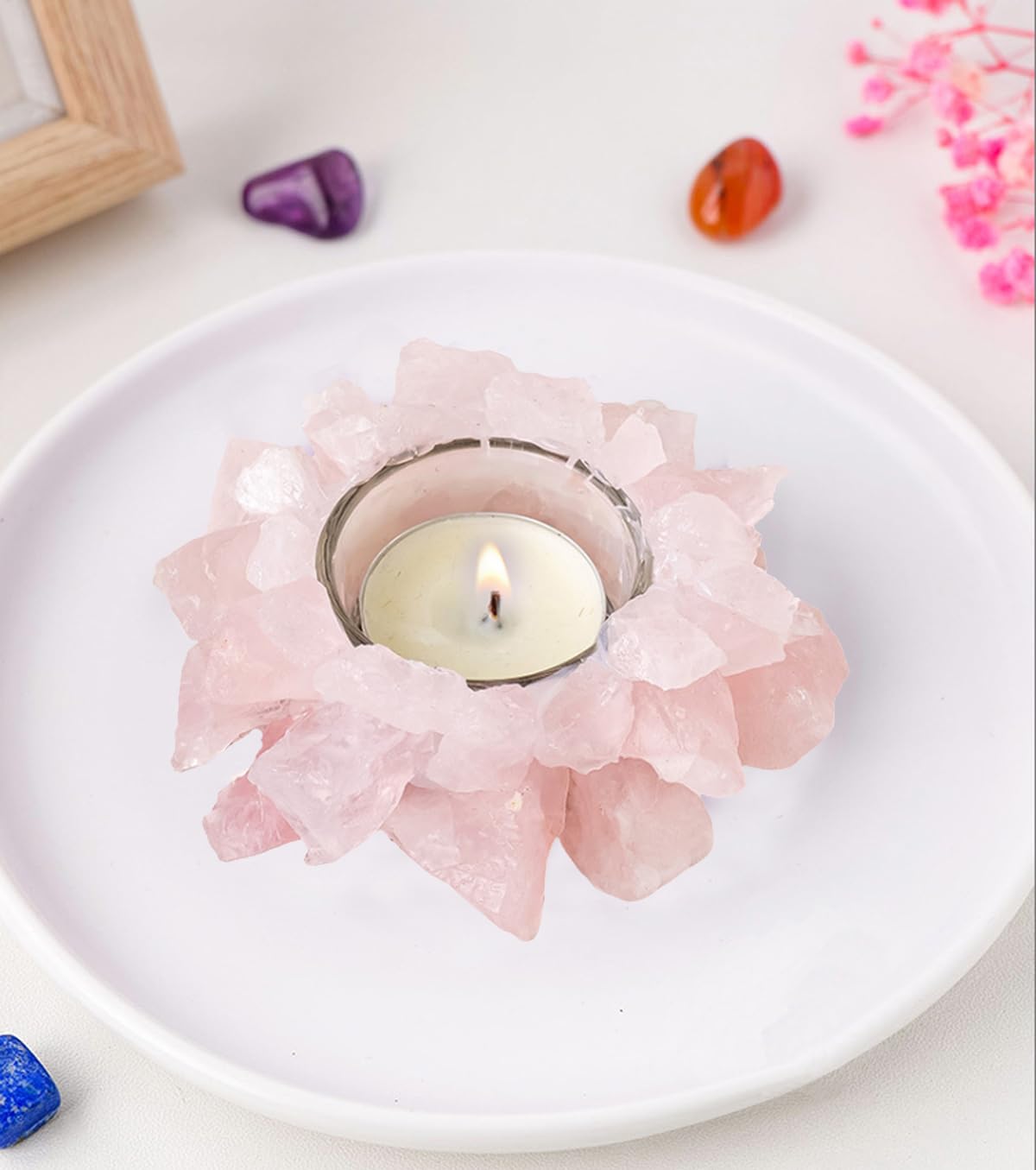 Natural Rose Quartz Crystals, Raw Crystal Tealight Candle Holder Crystal Stone Candle Stand High Energy Geode Votive with Healing Effects (Not Included Candle)