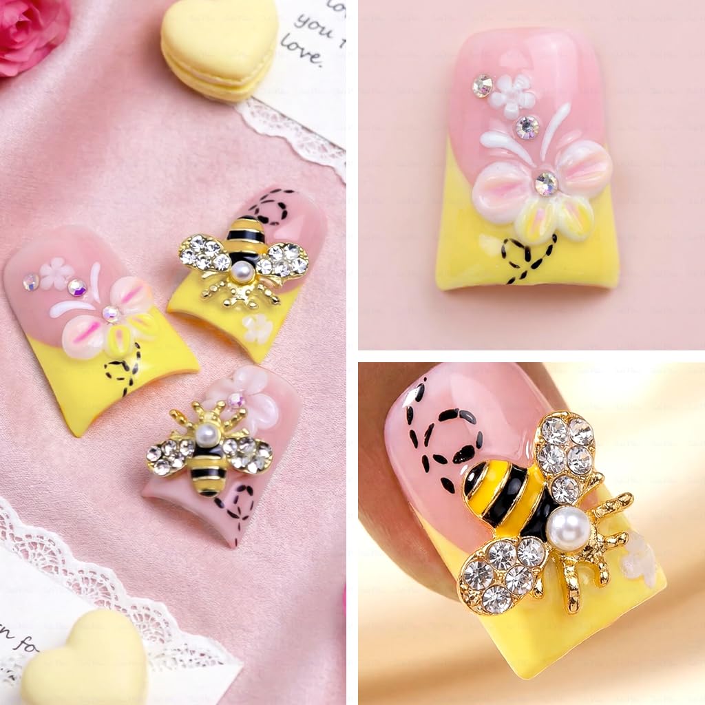 IntoVibes Handmade Short Duck Press On Nails, Precious Bee, 10 Pieces Reusable Acrylic False Nails, Size Large