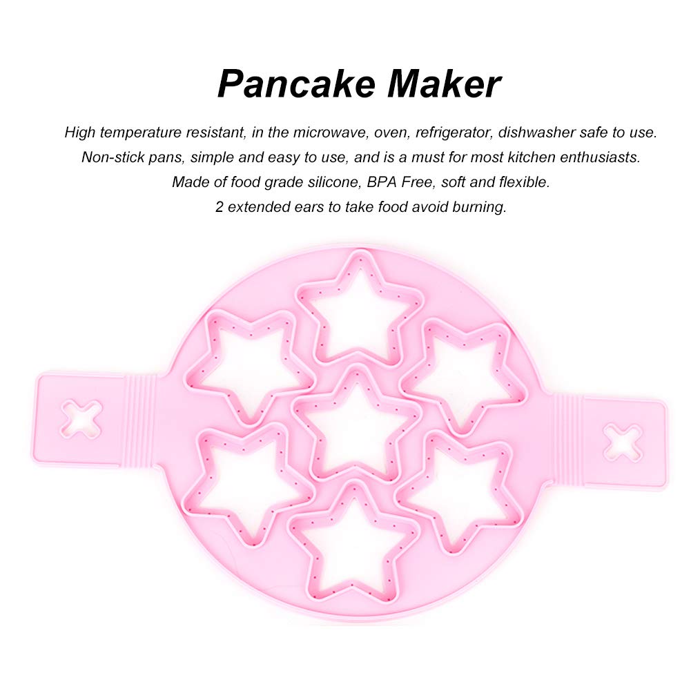 2PCS Pancake Maker Mold, 7 Cavity Star/Heart Shape Nonstick Reusable Silicone Egg Mold Ring with Handle Kitchen Cooking Baking Tools for Muffin Fried Egg Burger