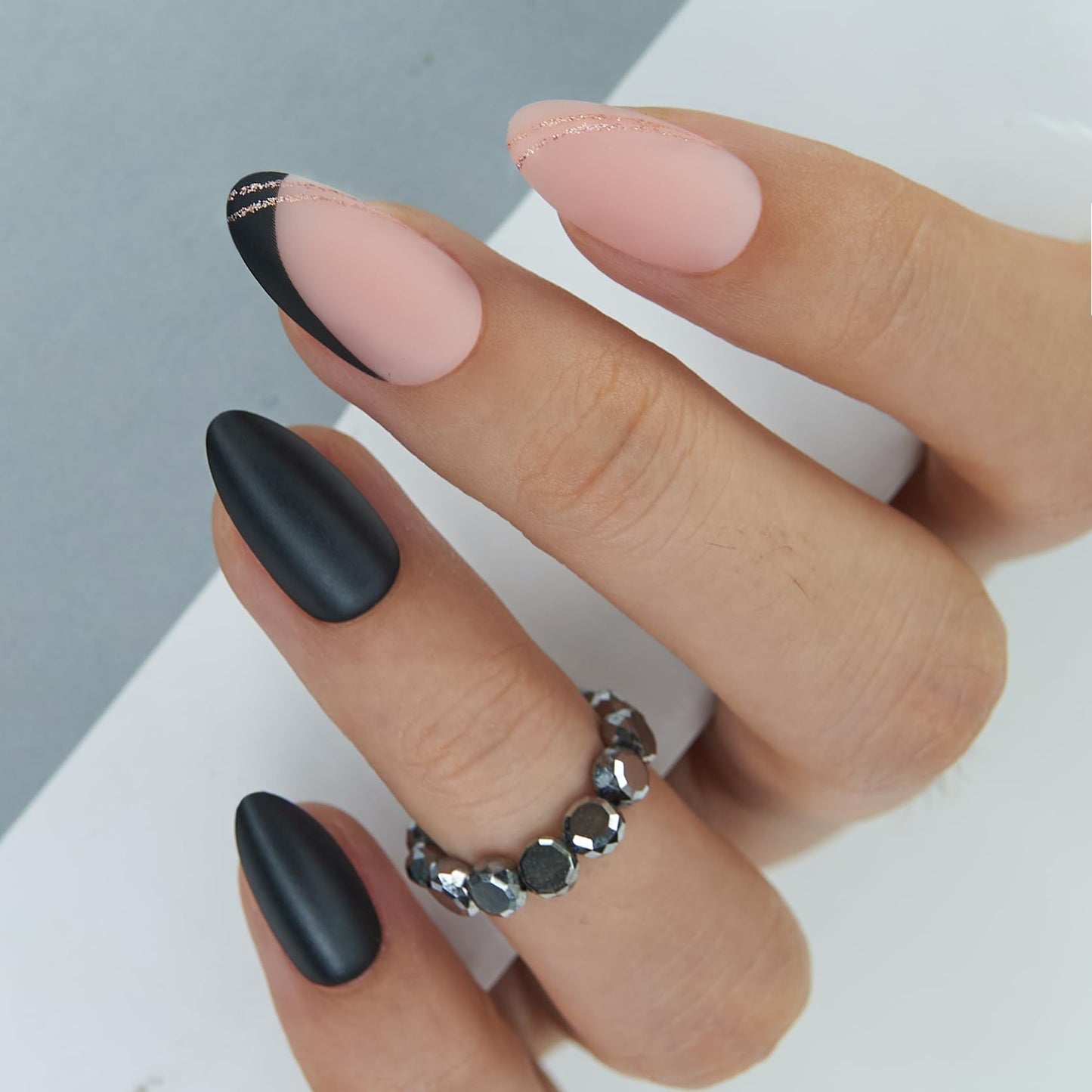 Curvlife Press On Nails Medium Almond - Black Gold French Tip Press on Nails with Glue, Medium Length Matte Black with Gold Line Border False Nails Kit for Women
