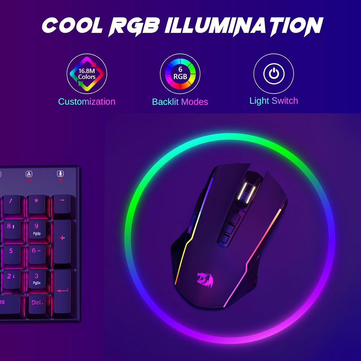 Redragon Wireless Gaming Mouse, Tri-Mode 2.4G/USB-C/Bluetooth Mouse Gaming, 12000 DPI, RGB Backlit, Fully Programmable, Rechargeable Wireless Computer Mouse for Laptop PC Mac, Black