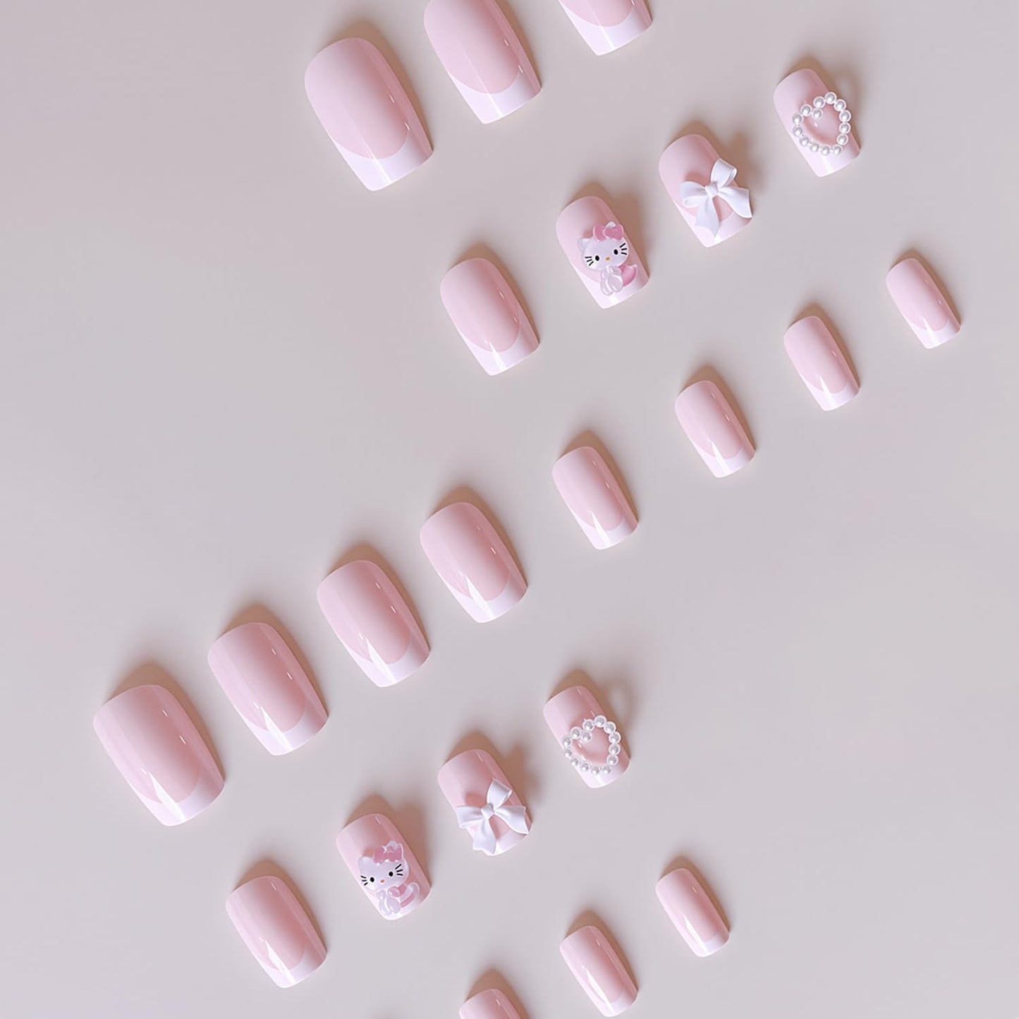 24Pcs White French Tip Press on Nails Short Square Fake Nails with Pearl Heart Designs Reusable Cartoon False Nails 3D Bow Acrylic Nail Cute Full Cover Glue on Nails for Women