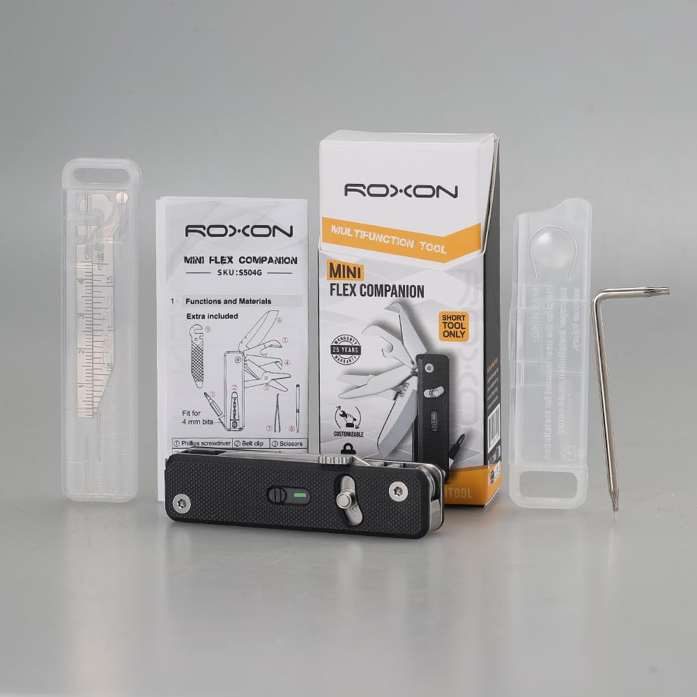 ROXON S504G Mini Flex Companion-7 in 1 Multitool EDC Pocket Knife with G10 Handle, Box Cutter, Short Sheepsfoot Blade, Short Scissors, Bottle & Can Opener, 4mm Bit, Tweezers and Toothpick