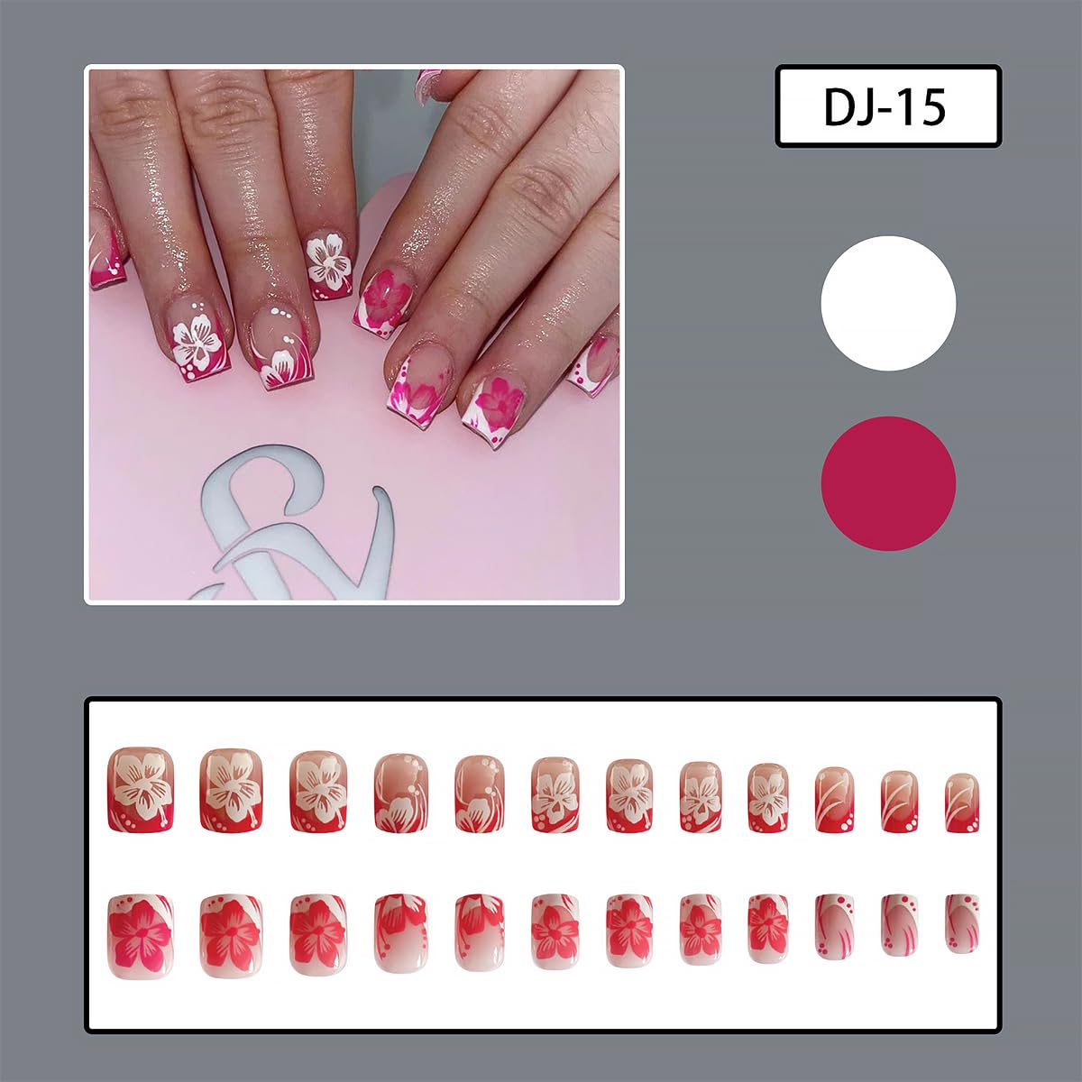 Pink White French Tip Press on Nails Flower Fake Nails Short Square False Nails Spring Summer Glue on Nails Full Cover Artificial Stick on Nails for Women Girls DIY Manicure Salon 24Pcs