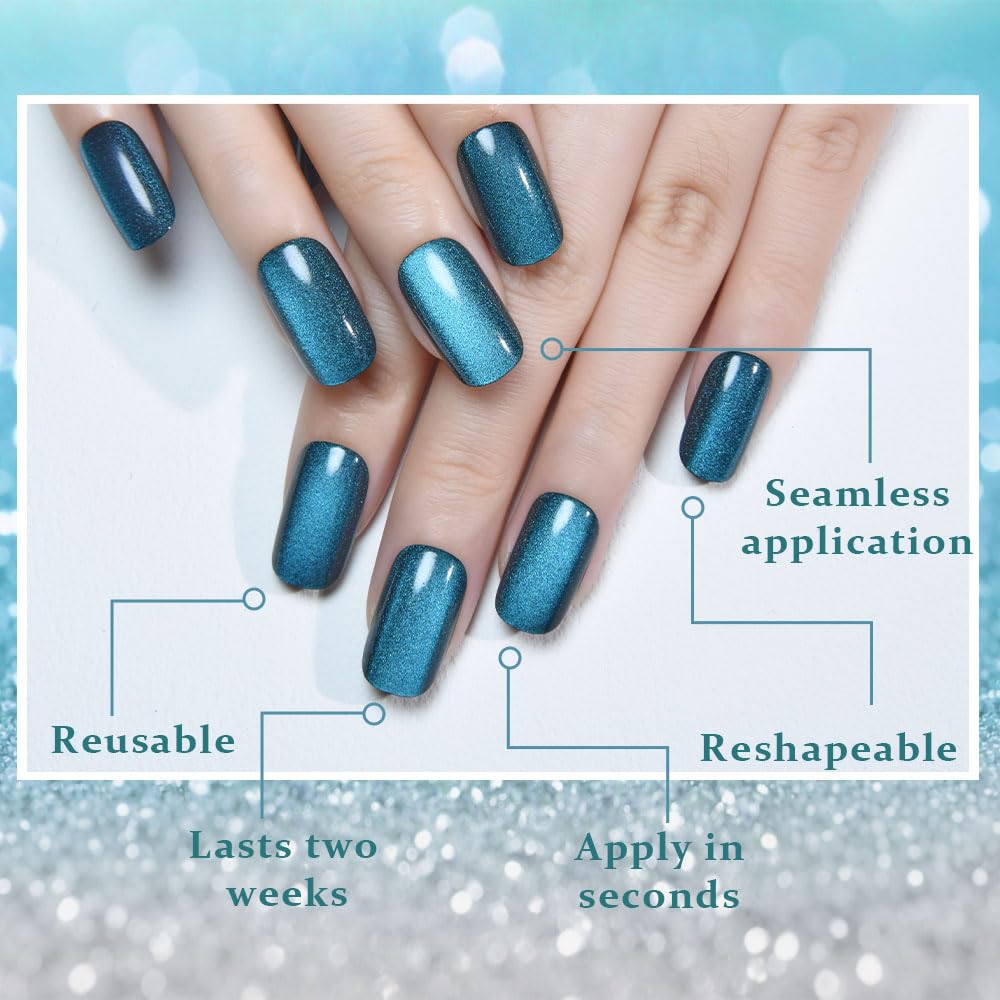Teal Green Cat Eye Press on Nails Medium Square, Medium Square Press Stick on Nails Chrome for Women Gift, Green Holographic Glitter Glossy Reusable Soft Acrylic Fake Nail with Cateye Effect Design