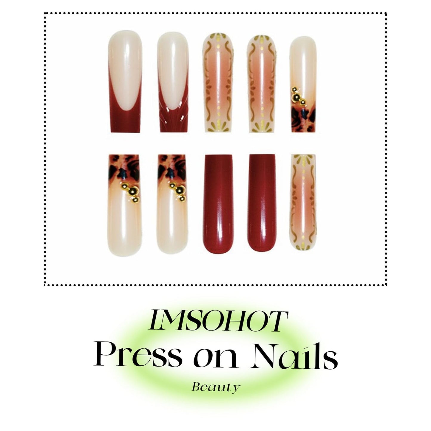 IMSOHOT Fall Press on Nails Long Square Fake Nails Brown Ombre French Nail Tips Chrome Golden Full Cover Acrylic Glue on False Nails for Women