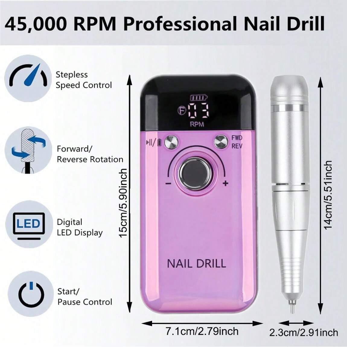 Tfscloin-45000RPM Rechargeable Electric Nail Drill Machine Professional Nail Drills for Gel Nails Polish Portable Nail File Manicure Tool (Pink)