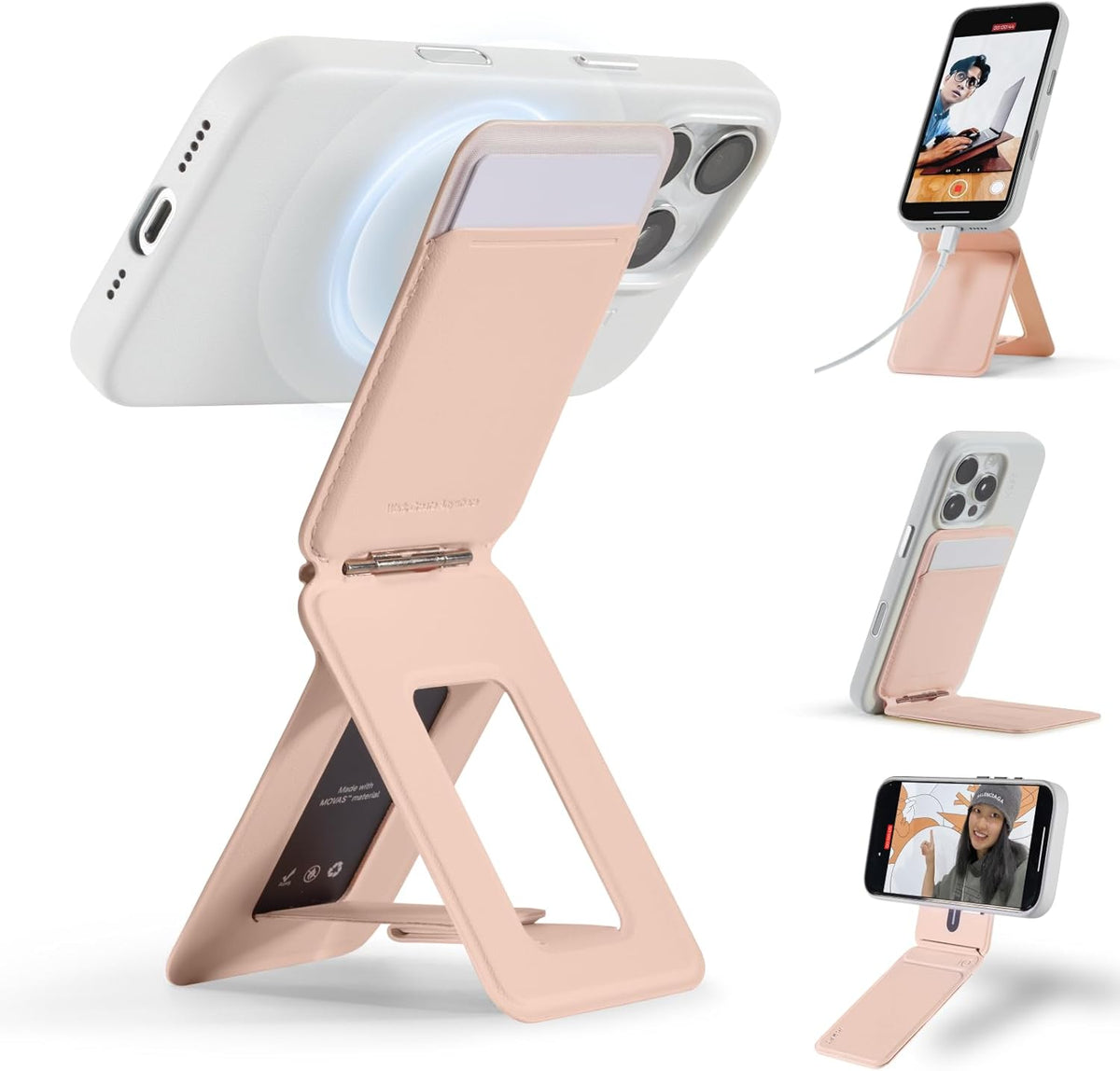 MOFT Phone Tripod Wallet for iPhone, Mulit-Angles, Lightweight & Portable Phone Stand, MOVAS Vegan Leather Magnetic Wallet, Strong Magnets, NFC Card Holder,Travel Essential, Peach pink(With Card Slot)
