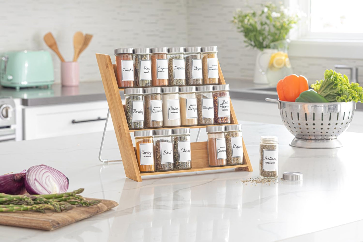 Orii 18 Jar Bamboo Compact Spice Rack with Spices Included & 5-Year Free Spice Refill Program for Countertop or Kitchen Drawer with Glass Jars