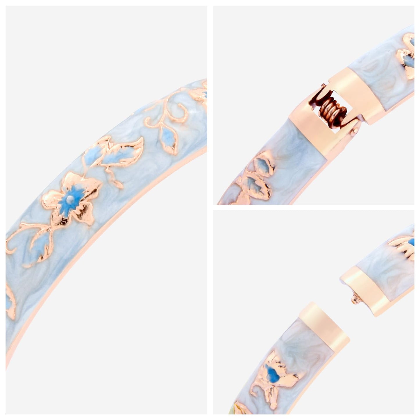 UJOY Flowers Bracelet Multi-Colors Cloisonne Wedding Jewelry Gift Women Enameled Bangles Opening Hinged 55A82 Light Blue