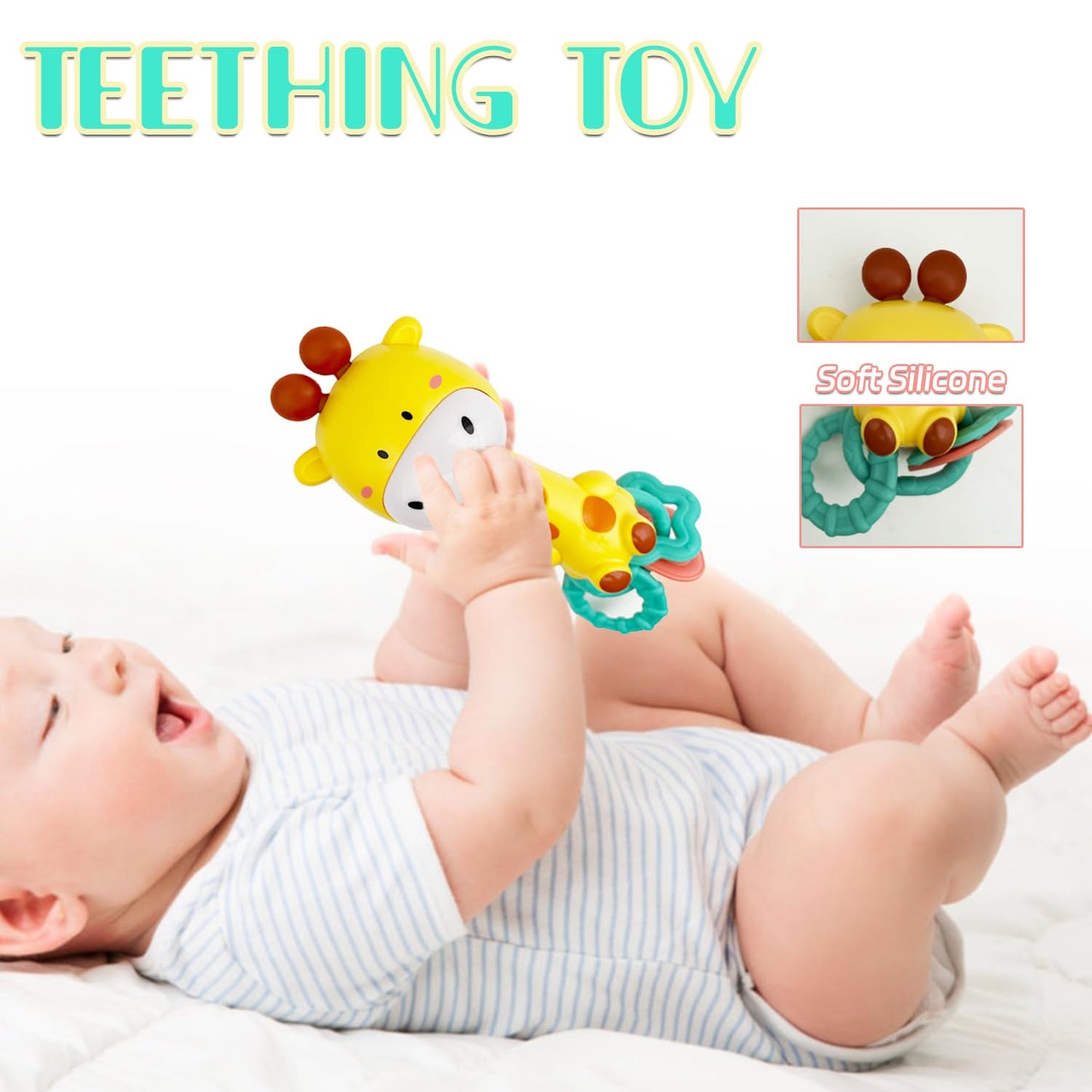 WHNKFB Bright Yellow Giraffe Baby Musical Rattle Toy - Light-Up Teether & Sensory Chew, BPA-Free Soft Rubber, Baby Shower & 1st Birthday Gift for 6-18 Months 1+ Year Old