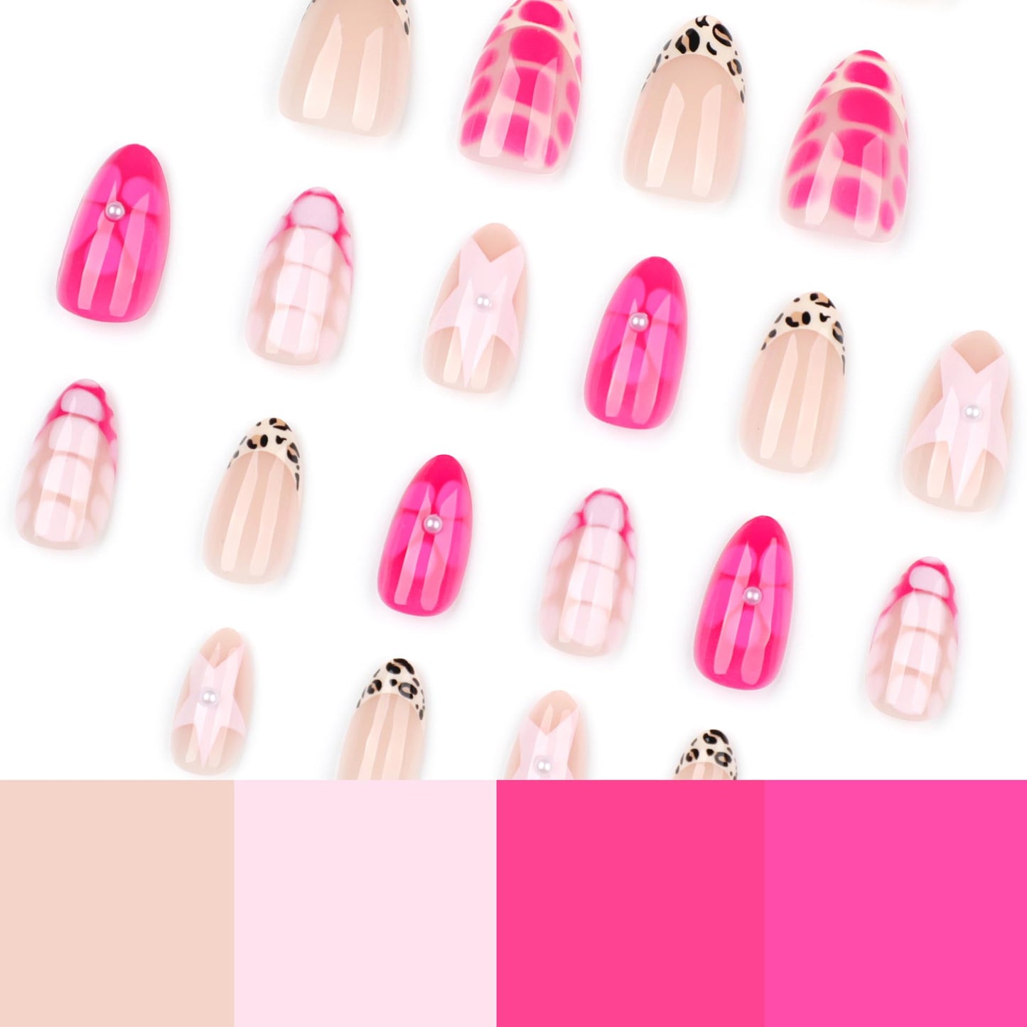 Pink Star Press on Nails Medium Almond Fake Nails Cute Flower False with Designs Leopard French Tips Glue on Nail Glossy Pearl Full Cover Acrylic Stick on Nail for Women Manicure 24pcs