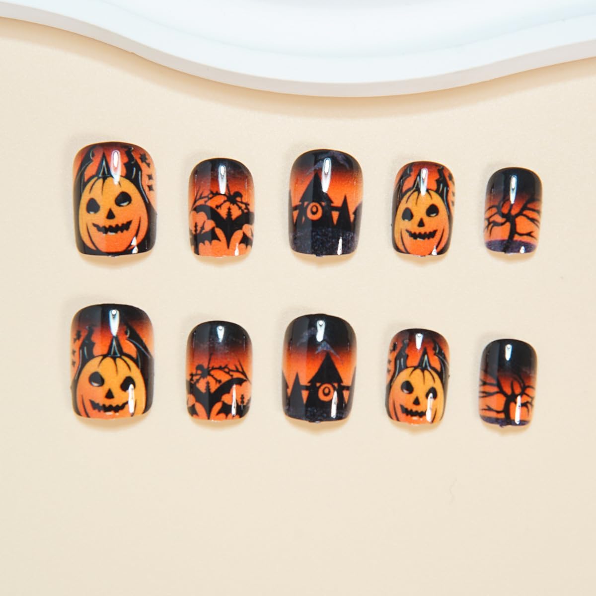 Halloween Orange Press on Nails Short Square Fake Nails Evil Pumpkin Gradient Full Cover Stick on Nails with Designs Reusable Halloween Nails Press ons Castle Black Acrylic Nails for Women