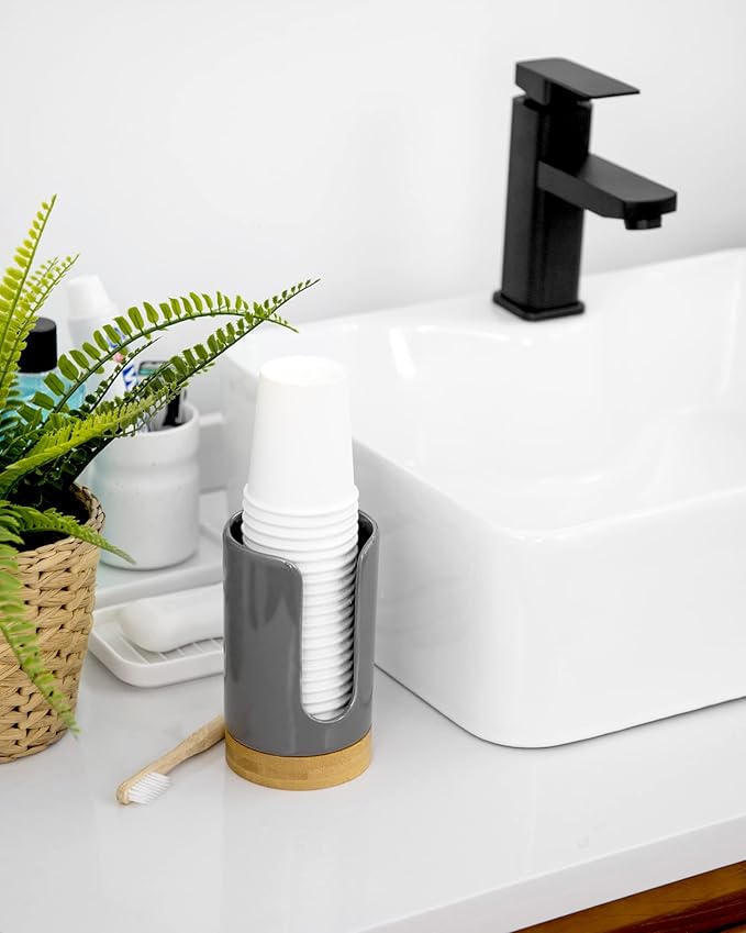 5oz Ceramic Bathroom Cup Dispenser (2nd Generation) Dixie Holder-Disposable Paper Holder for Rinsing Cups on Vanity Countertops (2 Pack, Black) (V15007)