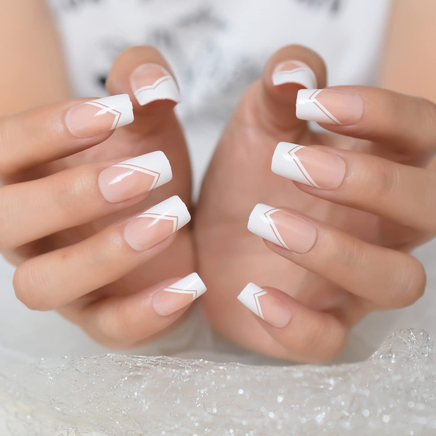 Coolnail Glossy White V French Press on False Nails Square Flat Top Shape Gel Natural Nude Medium Long Fingersnails for Women and Girl