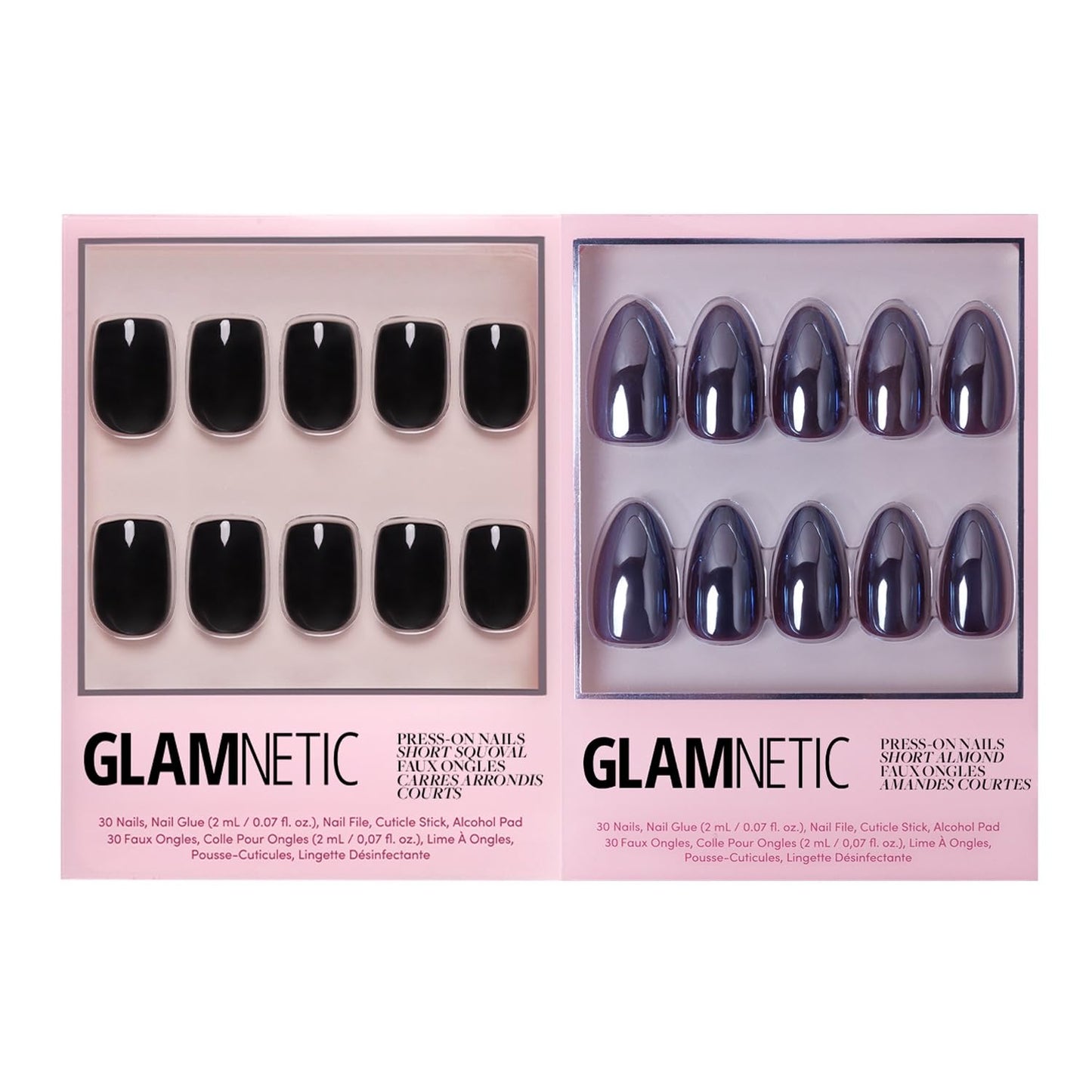 Glamnetic Press-On Nails Bundle - Jet Black & Burgundy Chrome | Short Squoval Black Fake Nails with a Glossy Finish | Short Almond Fake Nails with a Metallic Chrome Finish | Durable, Salon-Quality Nai