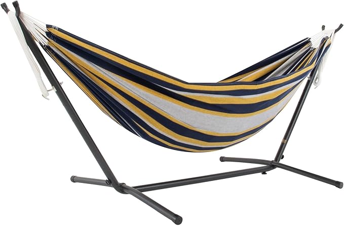 Vivere Double Cotton Hammock with Space Saving Steel Stand, Upgraded Polyester End Strings 450 lb Capacity - Premium Carry Bag Included -(Serenity)